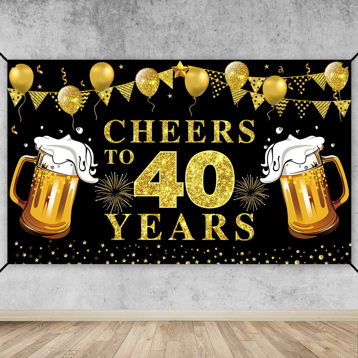 Lnlofen Large Cheers To 40 Years Banner Backdrop, Black Gold Happy 40Th Birthday Decorations Party Supplies, 40Th Anniversary Po