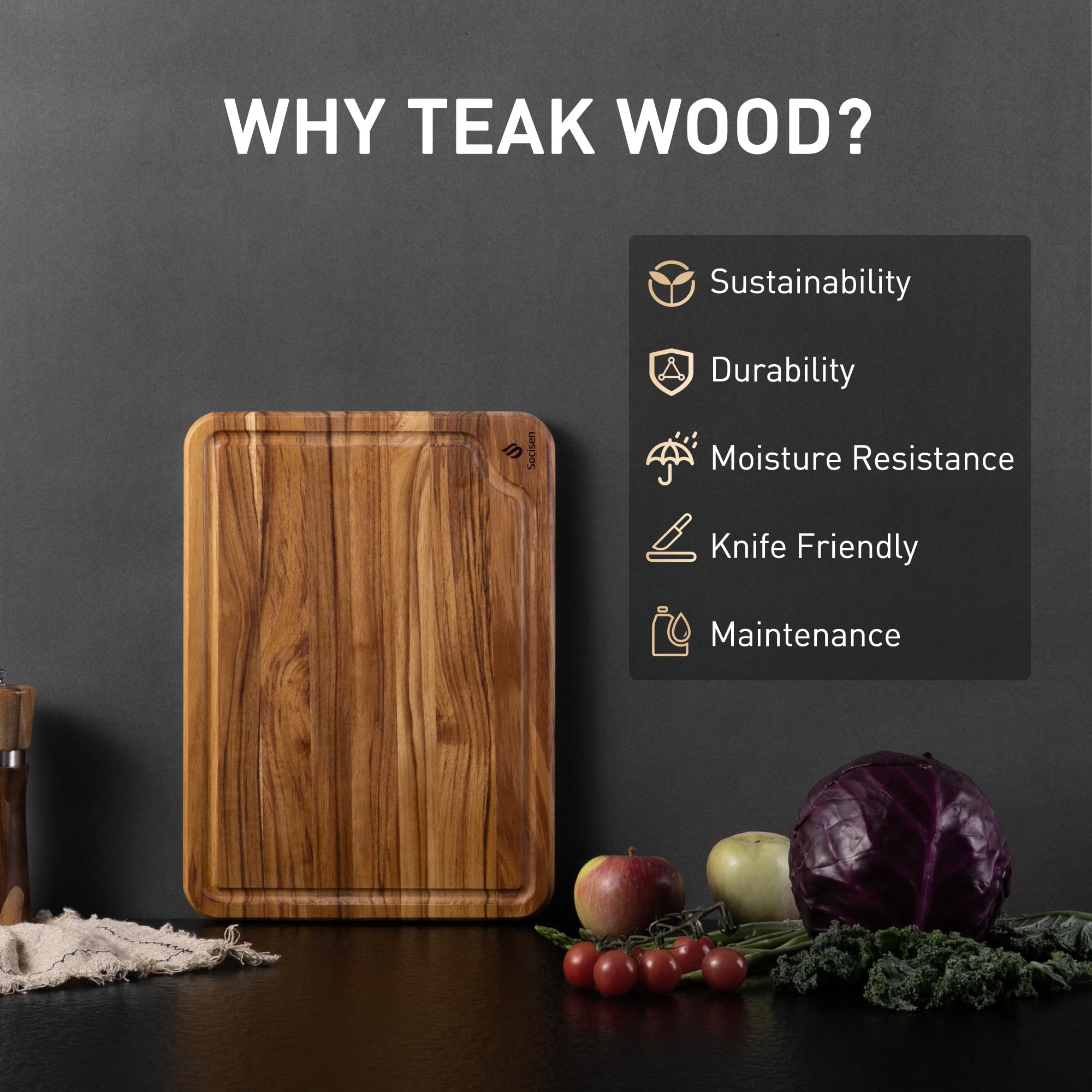 Teak Wood Cutting Board for Kitchen 13inch Charcuterie Board Serving Heavy Duty Non Toxic Slip Over Sink Solid Thick Haus Wooden