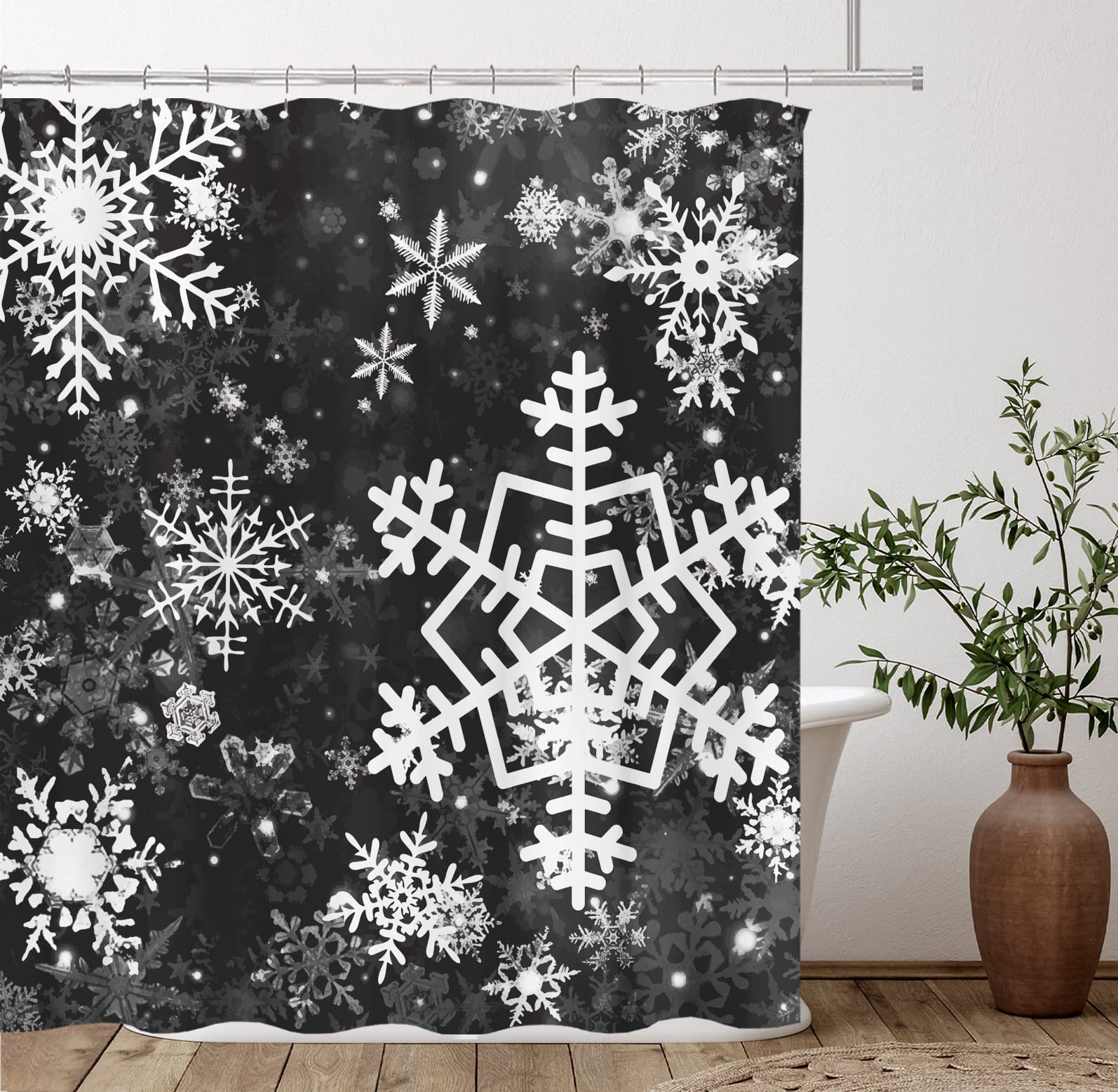 Tititex Merry Christmas Snowflake Shower Curtain Set, Happy Holiday Winter Black White Bathroom Decorative Winter Waterproof Fab