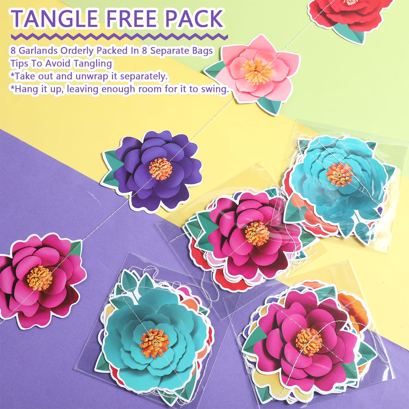Spakon 8 Pcs Day of The Dead Paper Flower Decorations Mexican Fiesta Garlands Dia De Los Muertos Flat Floral Hanging Banner Cuto