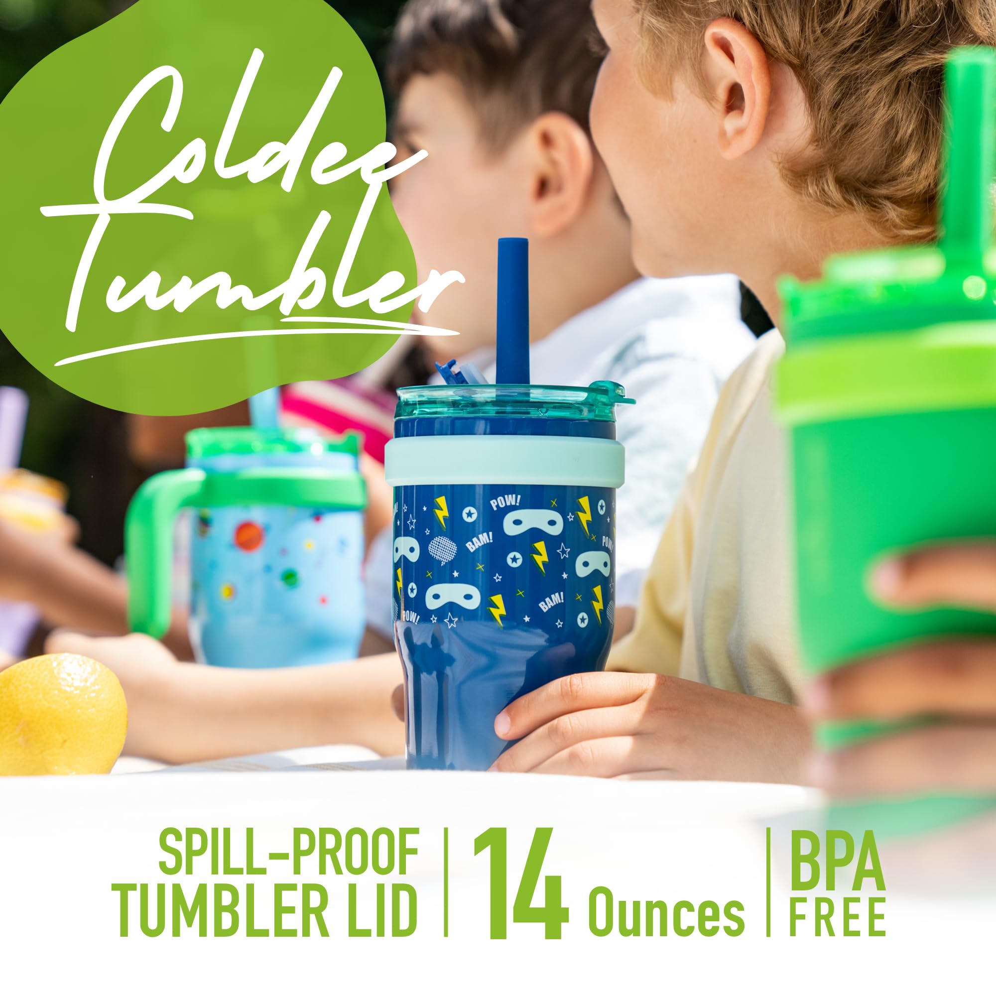 Reduce 14 Oz Coldee Tumbler With Handle For Kids - 2 Pack, Leakproof Insulated Stainless Steel Mug With Lid & Spill-Proof Straw,