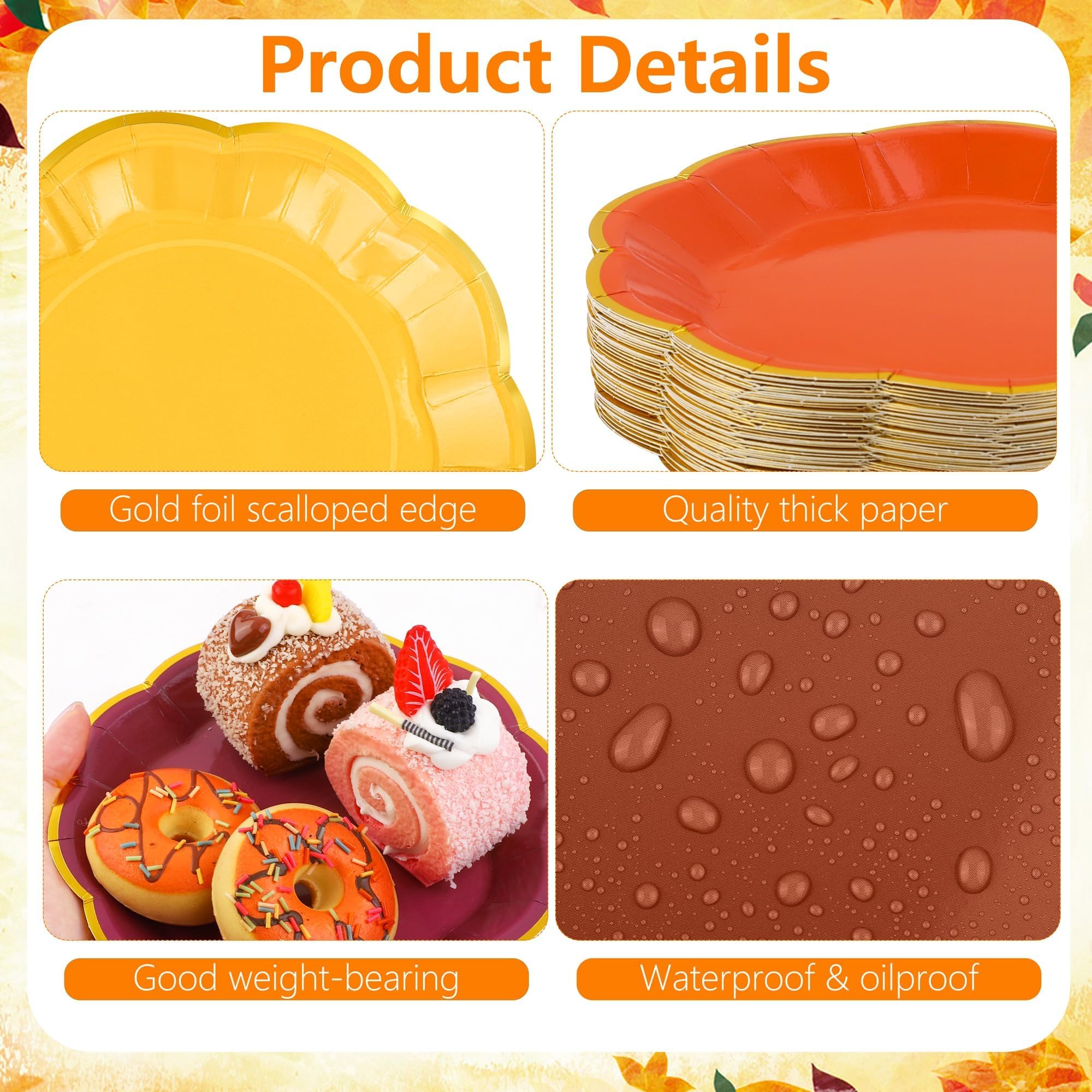 60 PCS Fall Paper Dessert Plates, 7 Inch Thanksgiving Gradient Scalloped Party Plates, Disposable Gold Foil Border Paper Plate f