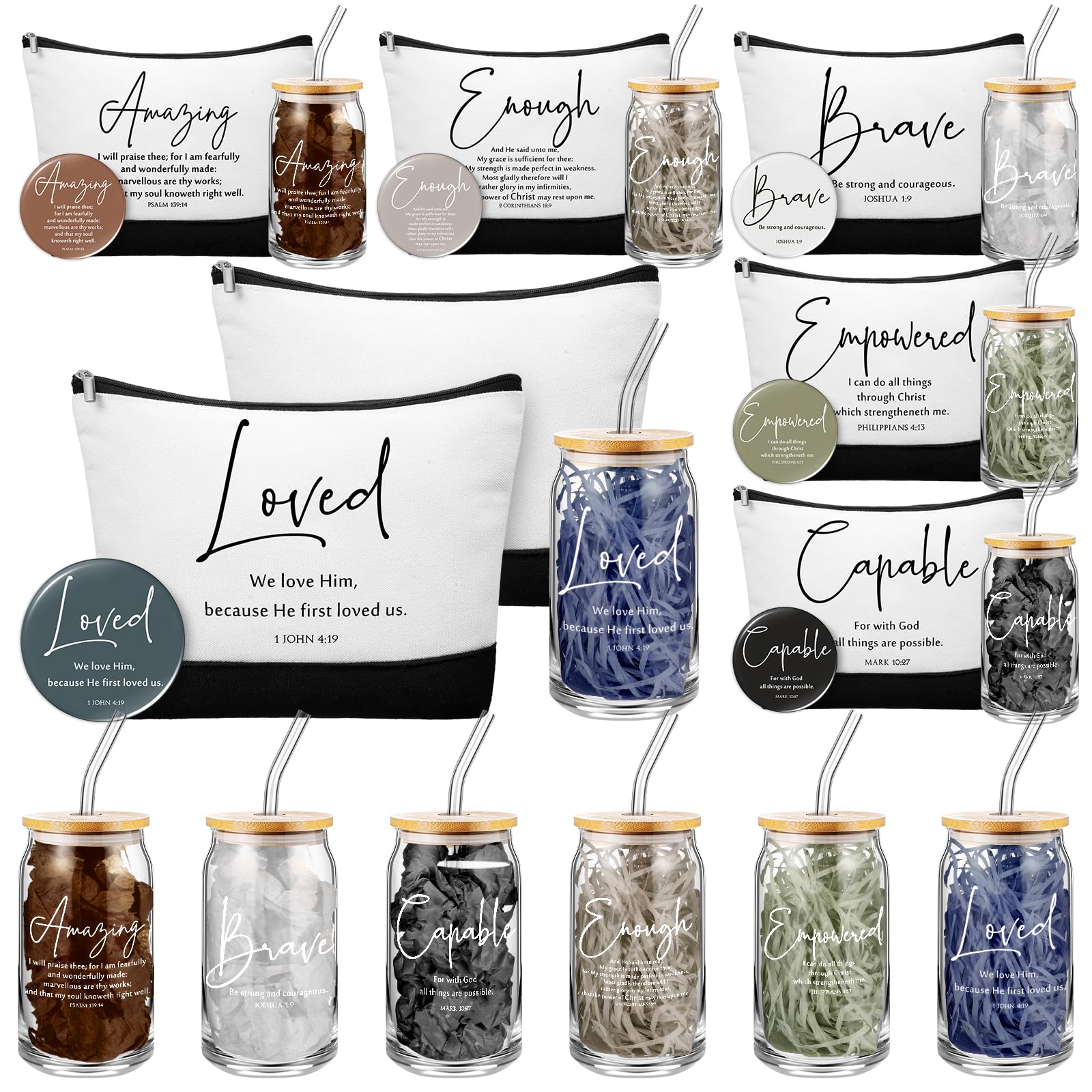 Fumete 6 Sets Christian Gift Sets for Women Church Gift Glass Cup Tumblers Lid Straw Makeup Bag Mini Religious Mirror Bulk for S