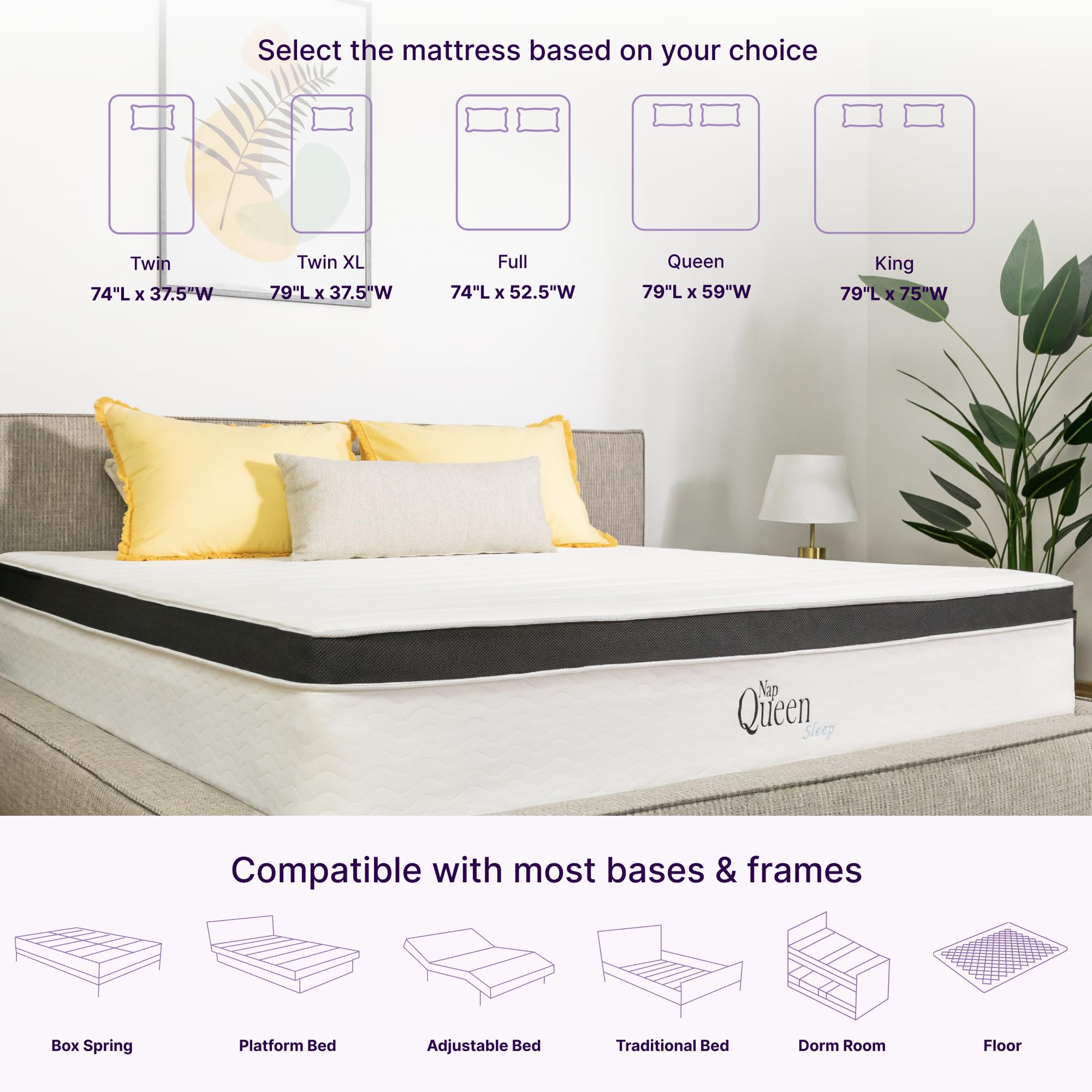 NapQueen 10 Inch Maxima Hybrid Mattress  Twin Size  Cooling Gel Infused Memory Foam and Innerspring Mattress  Bed in a Box White & Gray