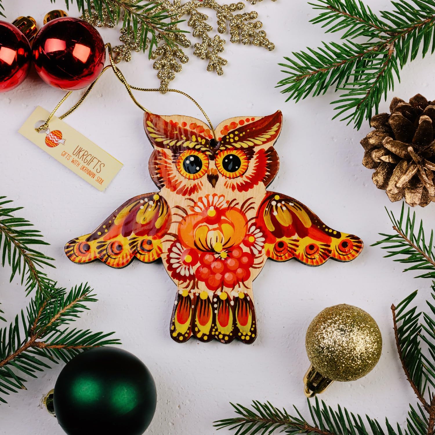 Rustic Christmas Tree Ornament Owl made of Wood Colorful Floral hand-painted on both sides 4,7 ? 3,7 ? 0,2 Inch.Traditional Ukra