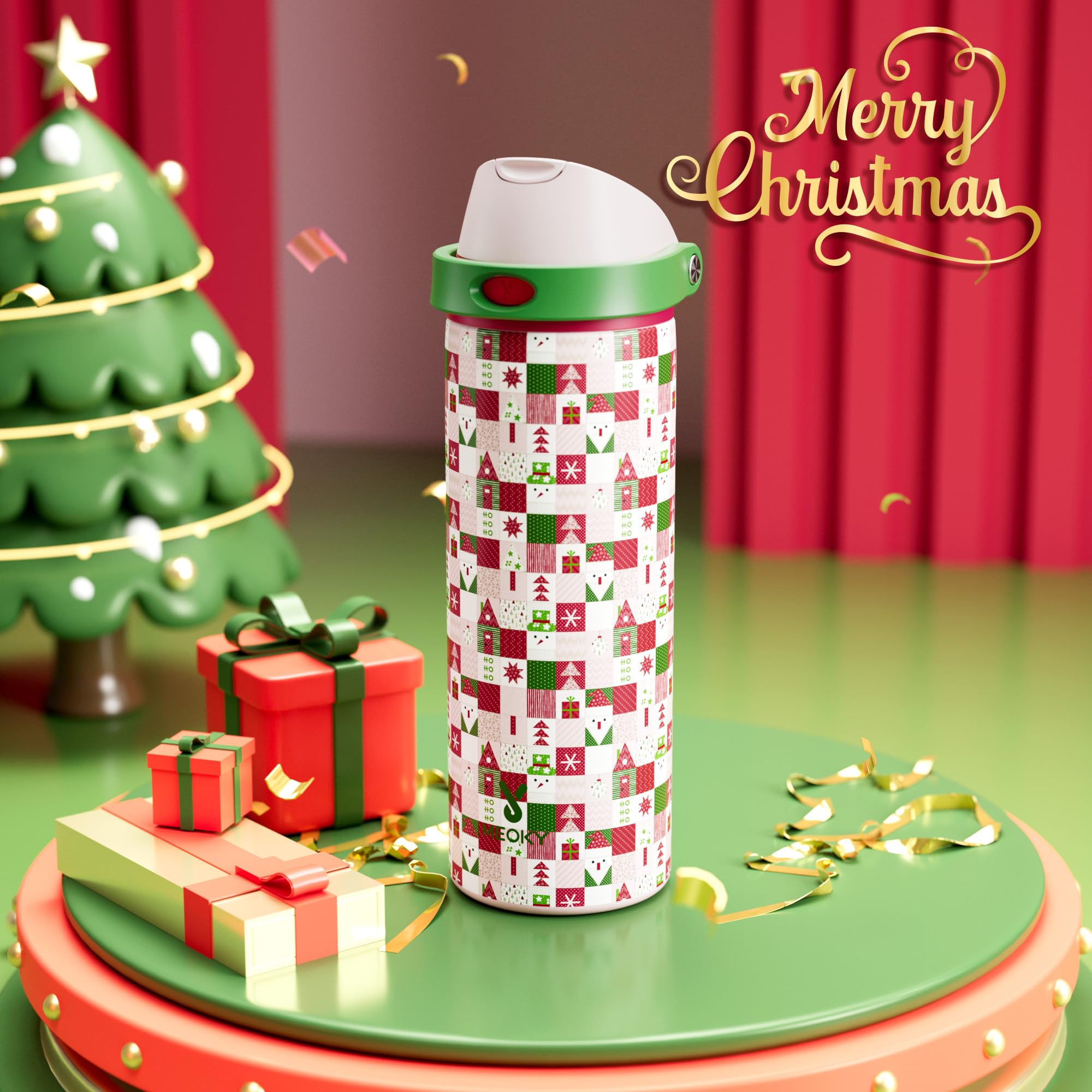 24 oz Insulated Water Bottle for Christmas: Meoky Stainless Steel Xmas Water Bottle with 2-in-1 Straw and Spout Lid - Leak Proof