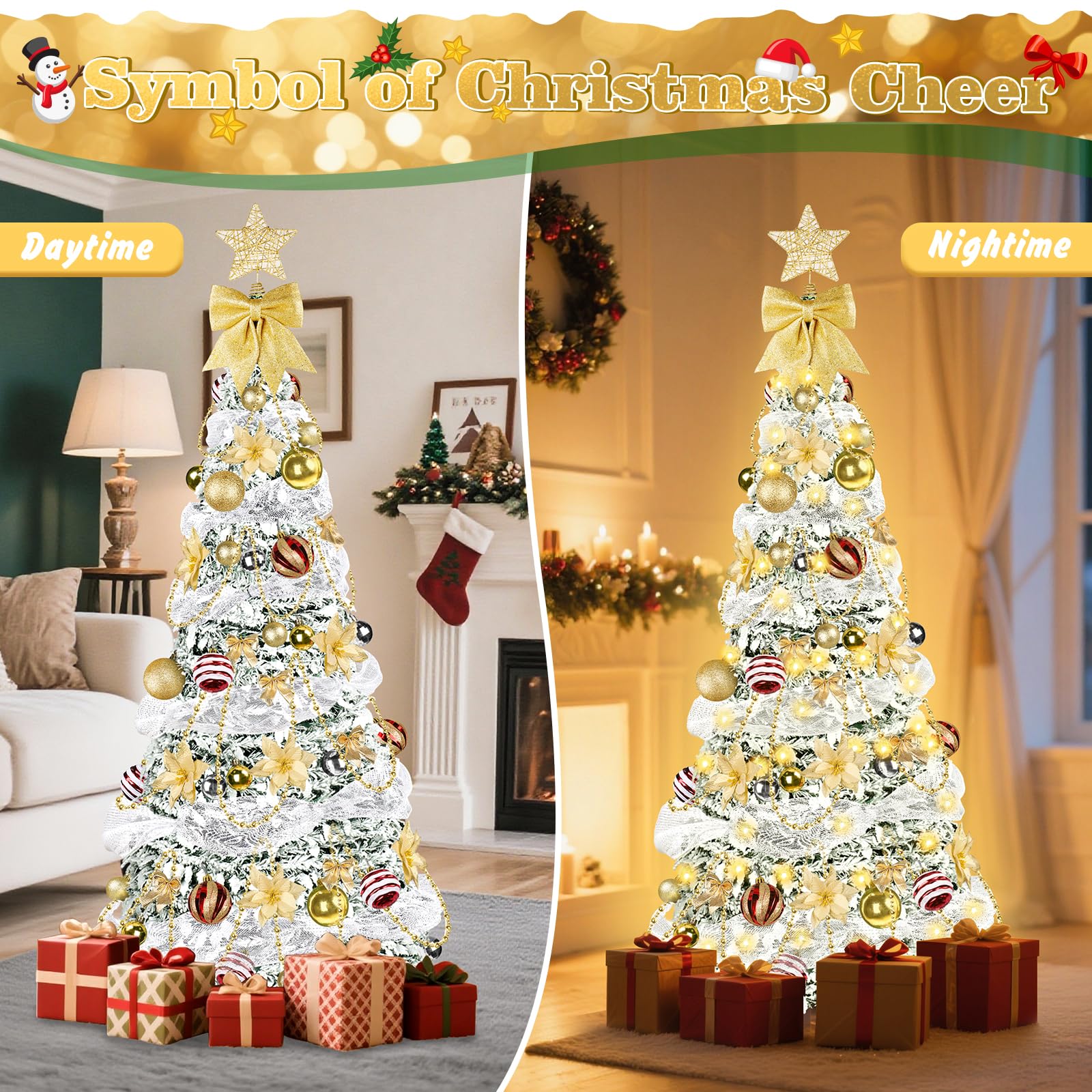 Pop Up Christmas Tree with Lights, 6FT Collapsible Artificial Christmas Tree with 8 Lighting Modes and Remote Control Timer, Pre