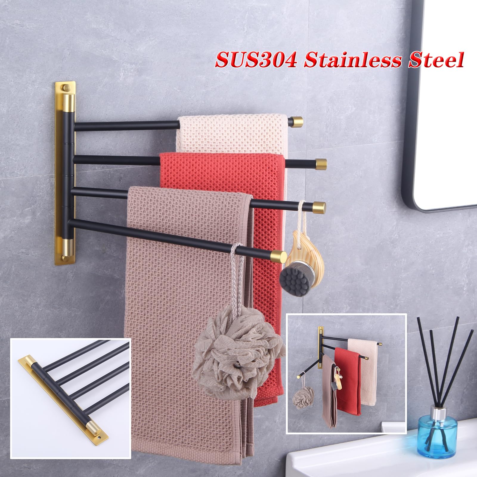 Gerzwy Wall Mount Bath Towel Rack With 4 Arms Hanger Towel Holder Bathroom Swing Arm Towel Bars Organizer Stainless Steel (Black