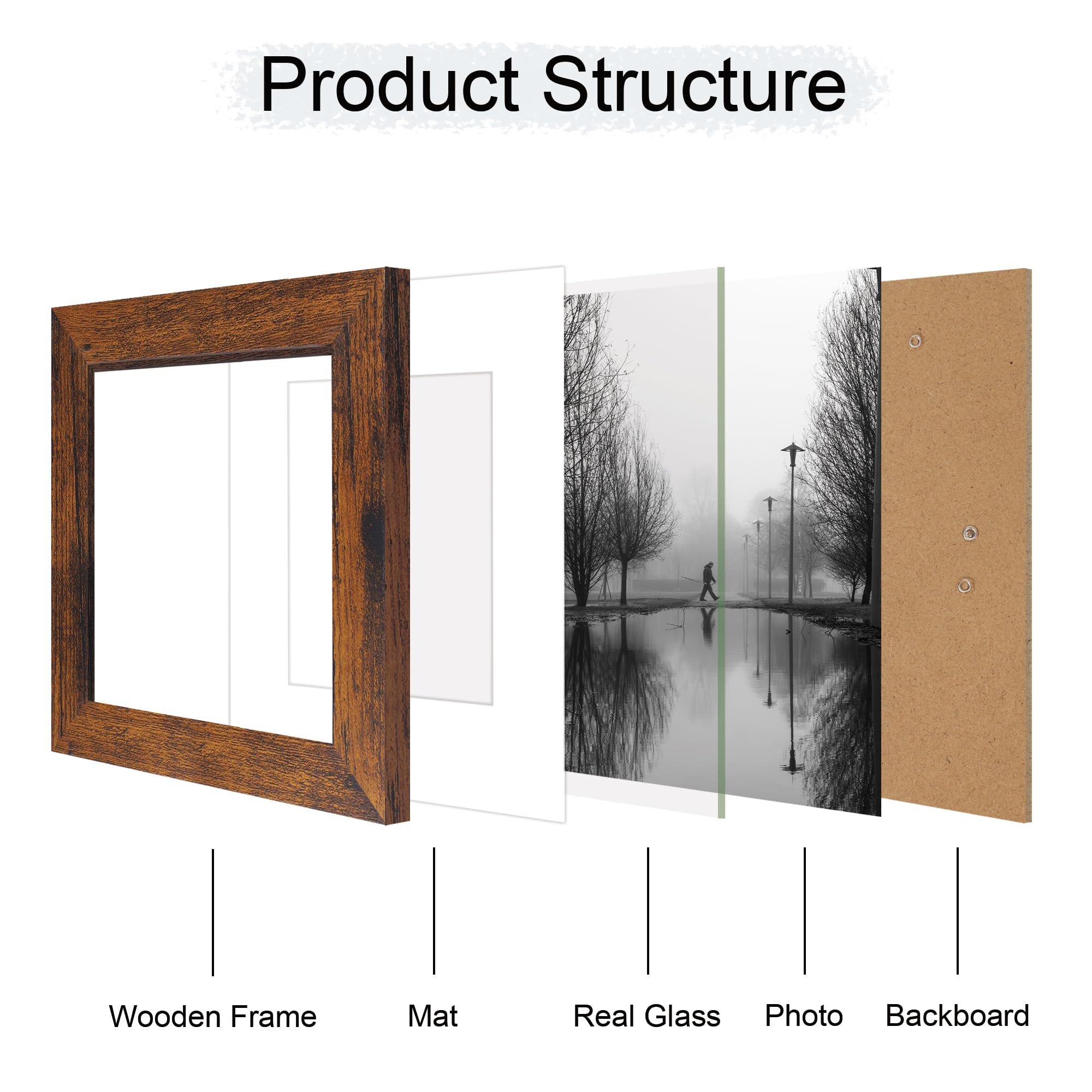 iRahmen 6x6 Picture Frame Set of 4 with Real Glass, Rustic Frames Display 4x4 Picture with Mat or 6 x 6 Without Mat, Square Phot