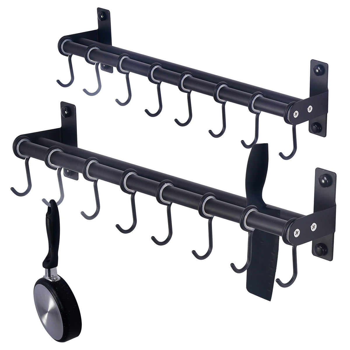 Dseap Pot Rack - Pots And Pans Hanging Rack Rail With 8 Hooks, Double Bars, Pot Hangers For Kitchen, Wall Mounted, Black, Pack O