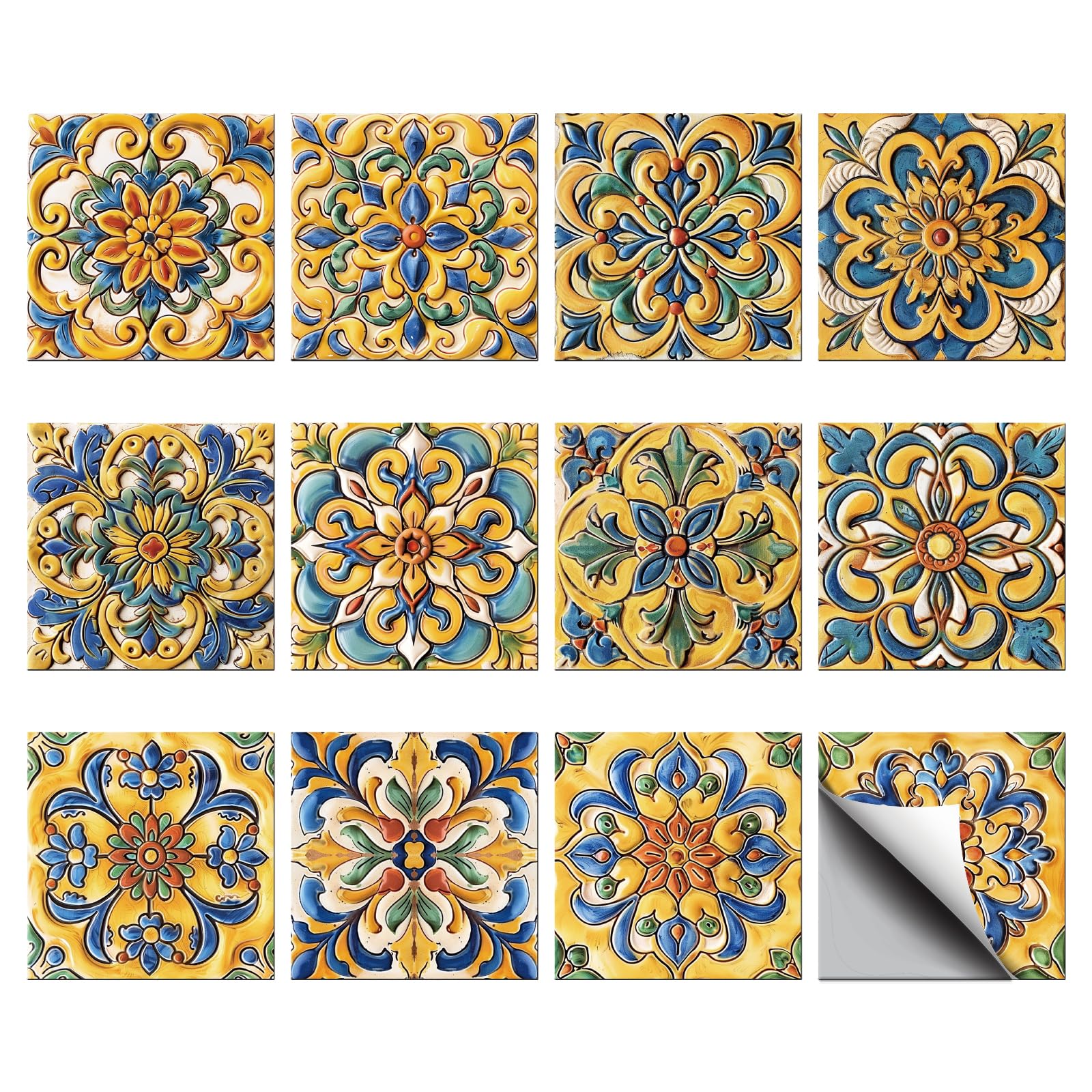 CHGCRAFT 36Pcs 12Styles Peel and Stick Backsplash Tile Stickers Retro Yellow Mandala Tile Decals Waterproof Self-Adhesive Square