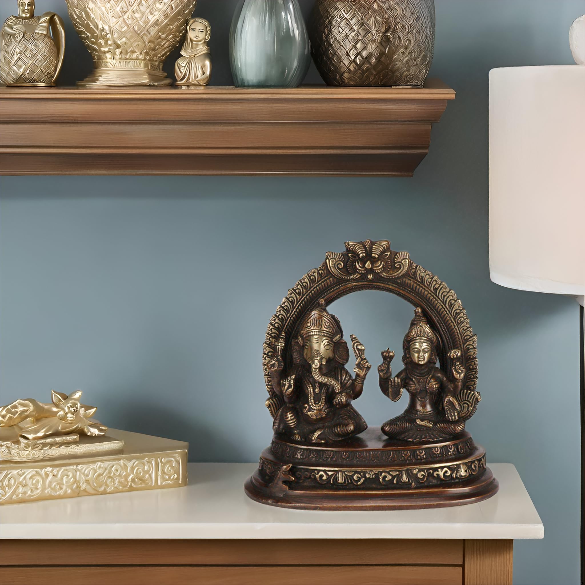 Kartique 7-Inch Brass Lakshmi Ganesh Idol Set With Intricate Arch Design, Bronze Finish, Ideal For Home Decor And Pooja Room