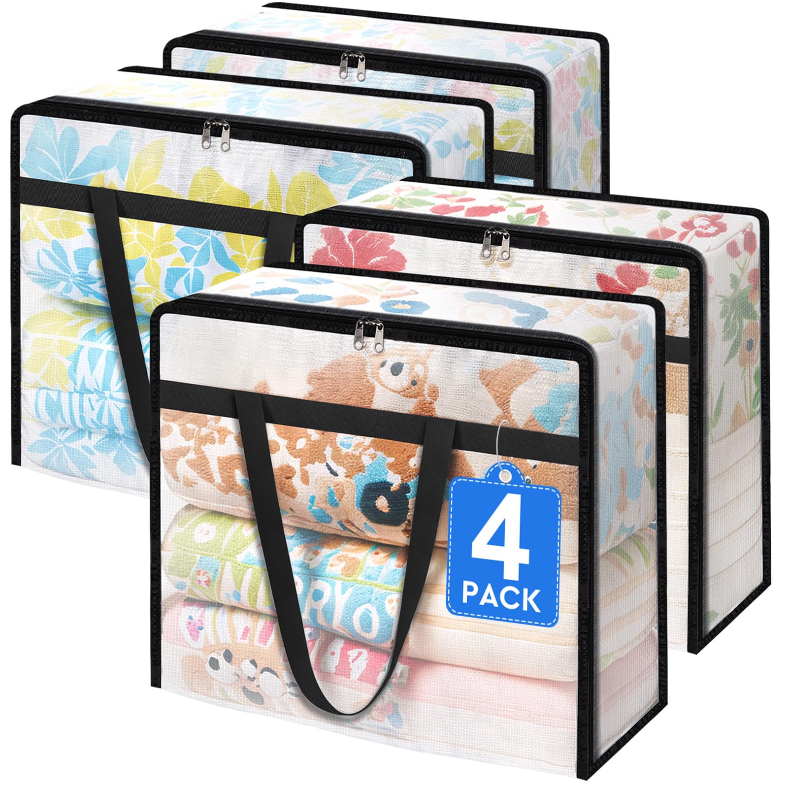 TasticTotes 4 Pack Clear Storage Bags for Comforter, Clothes & Bedding, Plastic Blanket Storage with Zipper and Handle, Moving B