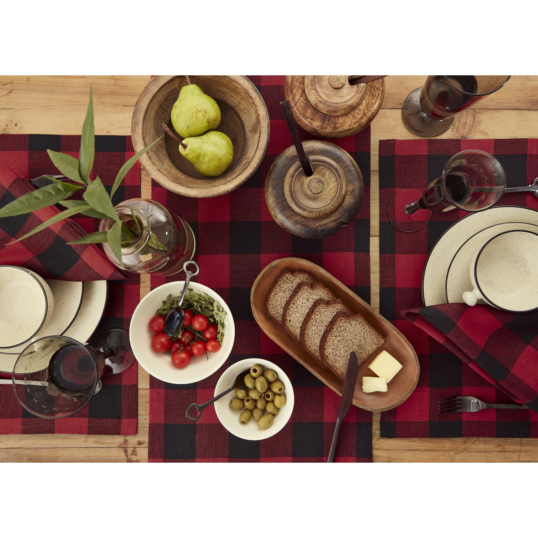 Solino Home Buffalo Check Linen Placemats 19'' L X 14'' W Inch - 100% Pure Linen Red And Black Plaid Cloth Placemats Set Of 4 -