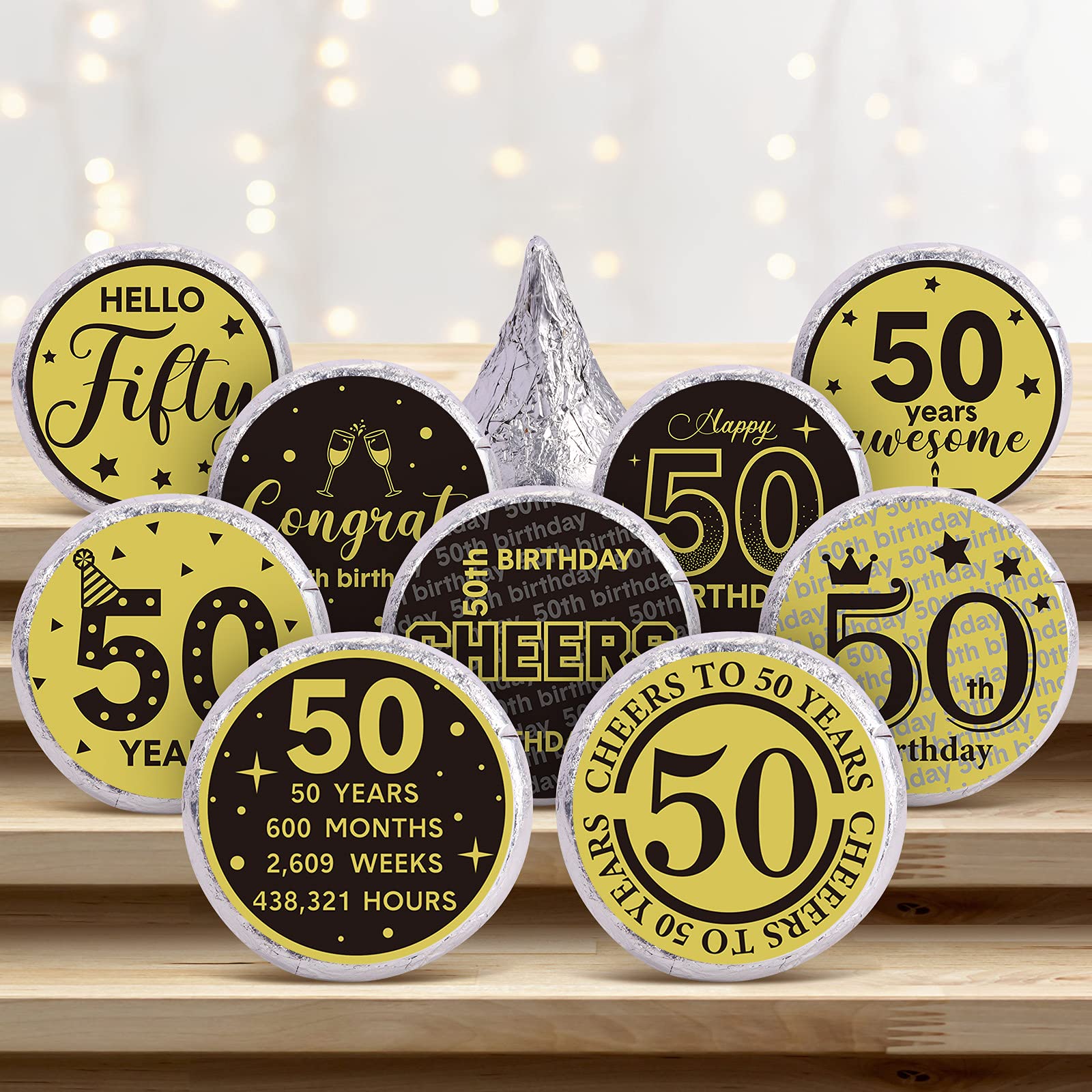 Tenare 504 Pieces Black and Gold 50th Birthday Party Favor Stickers Cheers to 50th Label Stickers Round Mini Chocolate Candy Wrappers for 50th Happy Birthday Party Decor