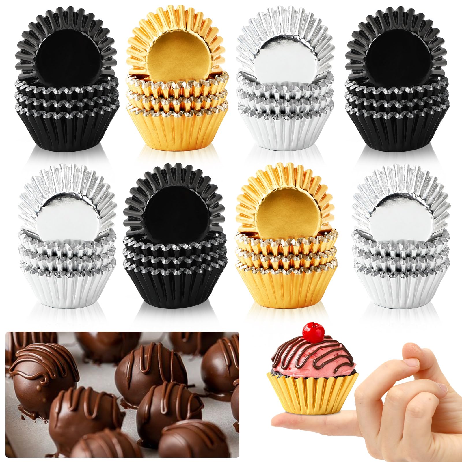 AUGSUN 400pcs Graduation Mini Foil Cupcake Liners Golden Silver Black Cupcake Baking Cups Metallic Mini Muffin Cupcake Wrappers 