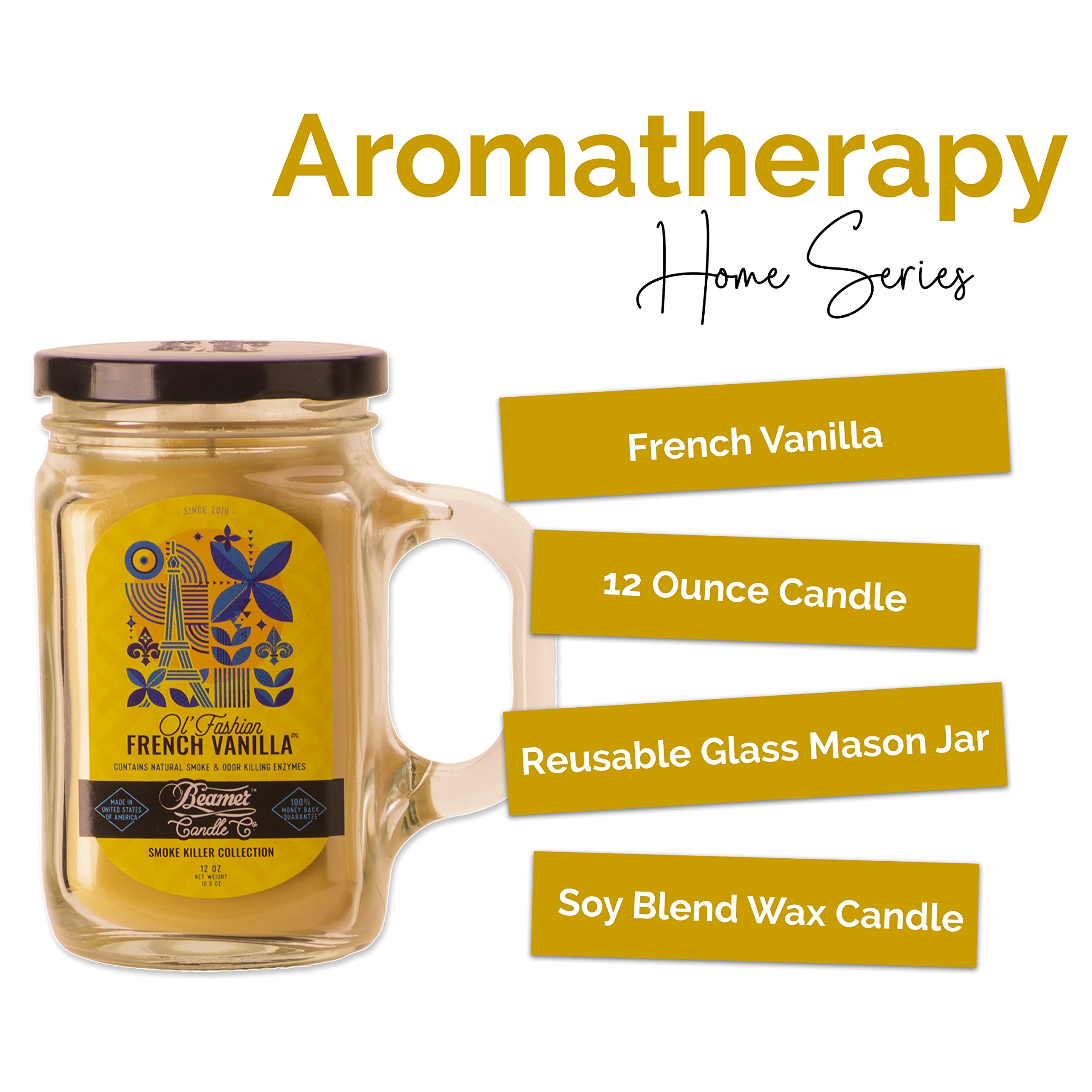 Beamer Candle Co. - French Vanilla Candle - Rich Creamy Vanilla Scent - Odor Eliminating - High Fragrance - Large 12oz Mason Jar