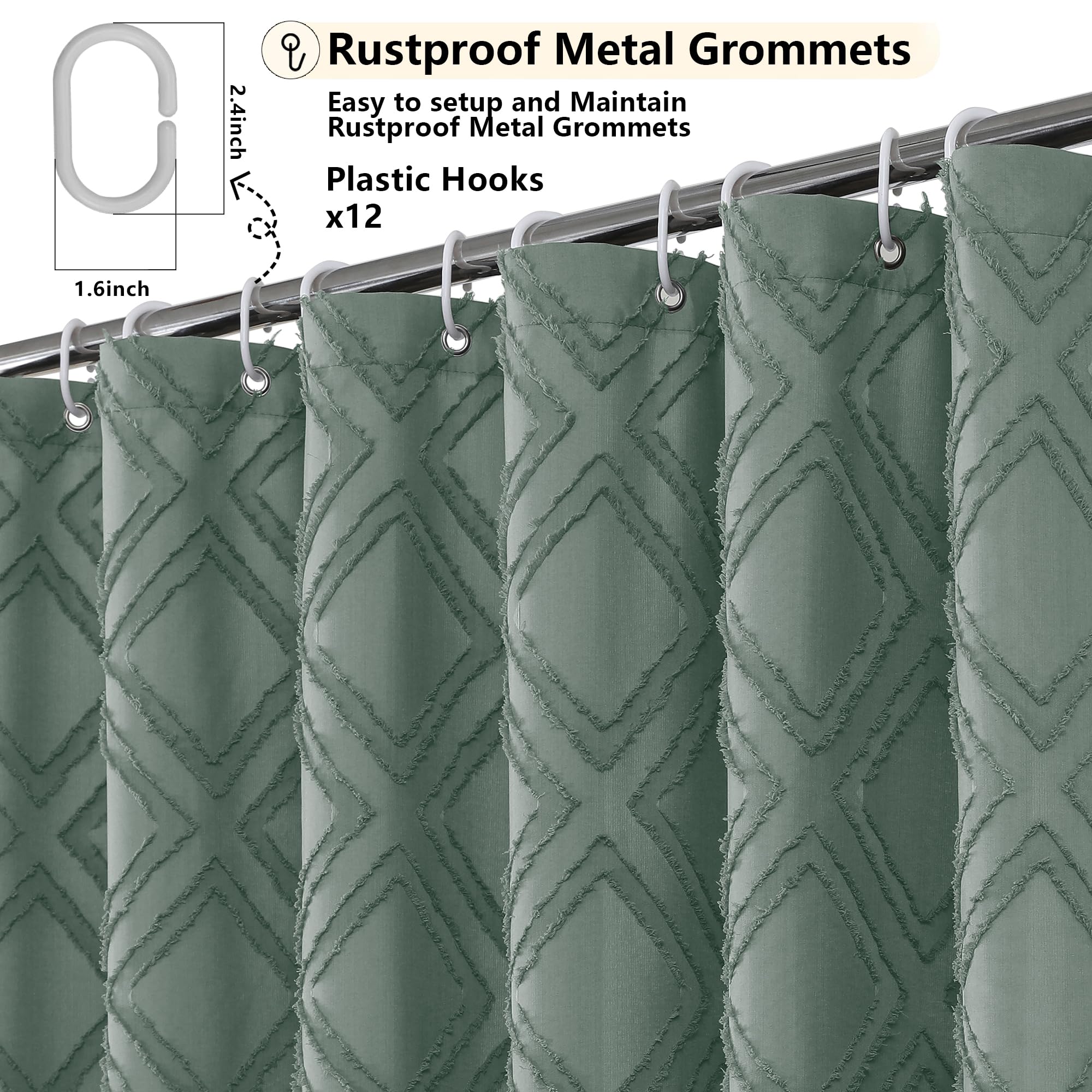 Owenie Sage Green Shower Curtain Set, Jacquard Geometric Textured Fabric Boho Shower Curtains For Bathroom, Soft Hotel Style Far