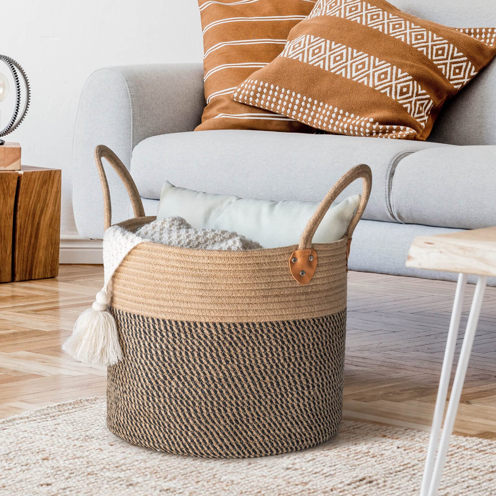 CHICVITA Jute Woven Storage Basket With Handles  Wicker Floor Basket  Boho Decorative Basket For Blanket  Toy  Shoe  Firewood  Farmhouse Plant Basket for Living Room  14'' X 14'' X 12''  Jute