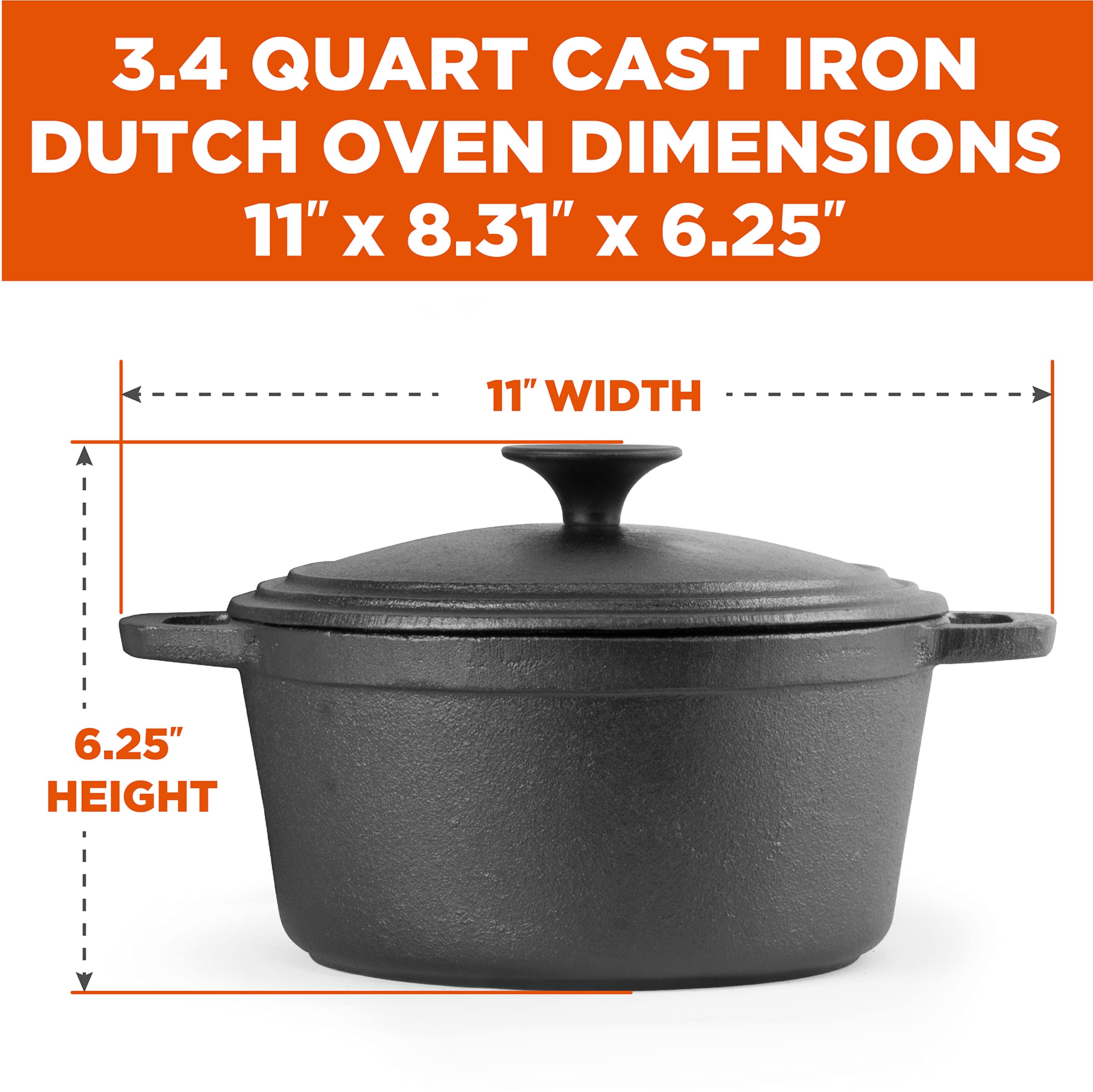 Commercial Chef 3.4 Quart Cast Iron Dutch Oven With Dome Lid And Handles