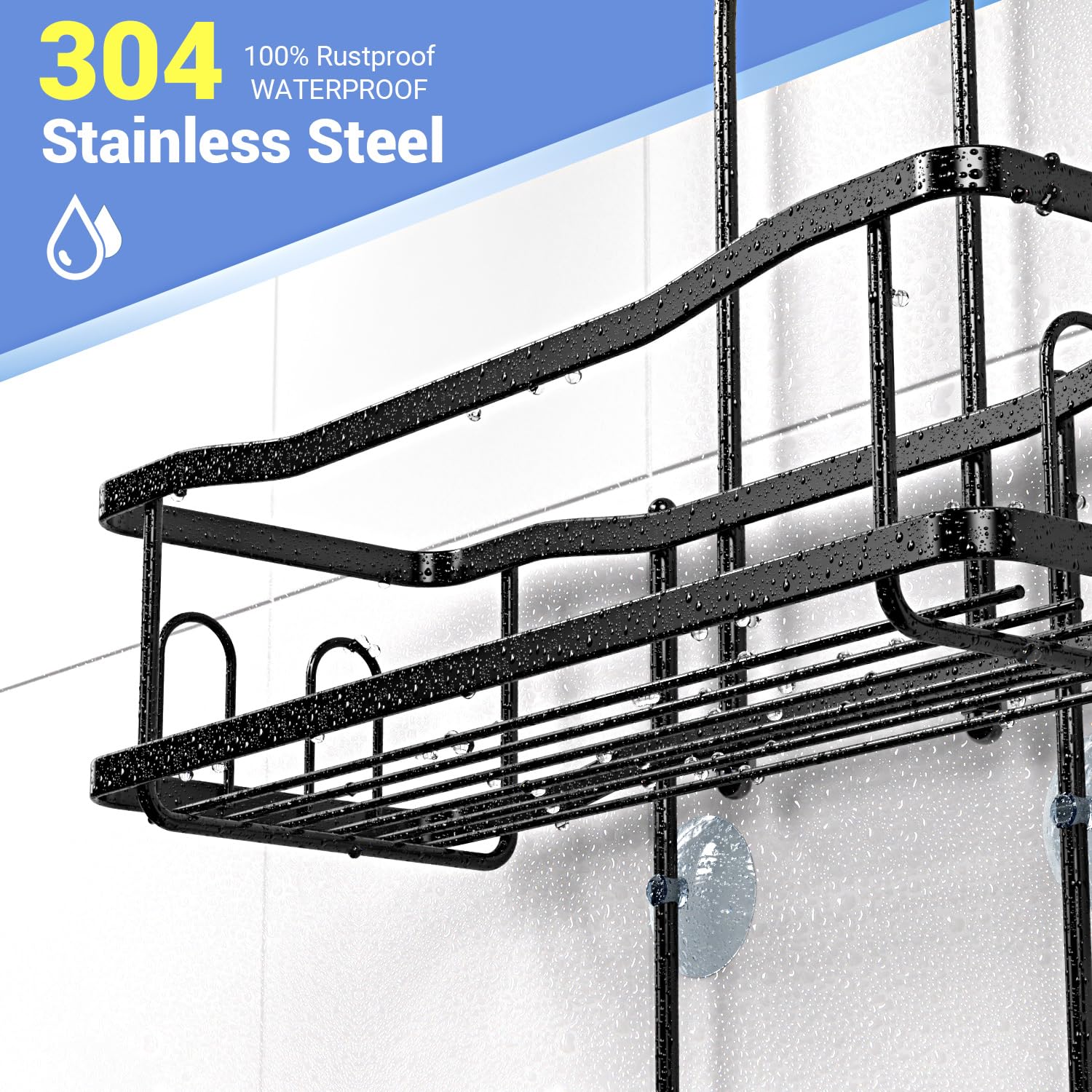 Aitatty Shower Caddy Shelf Organizer Rack: Self Adhesive Black Bathroom Shelves - Rustproof No-Drilling Stainless Steel Shower S