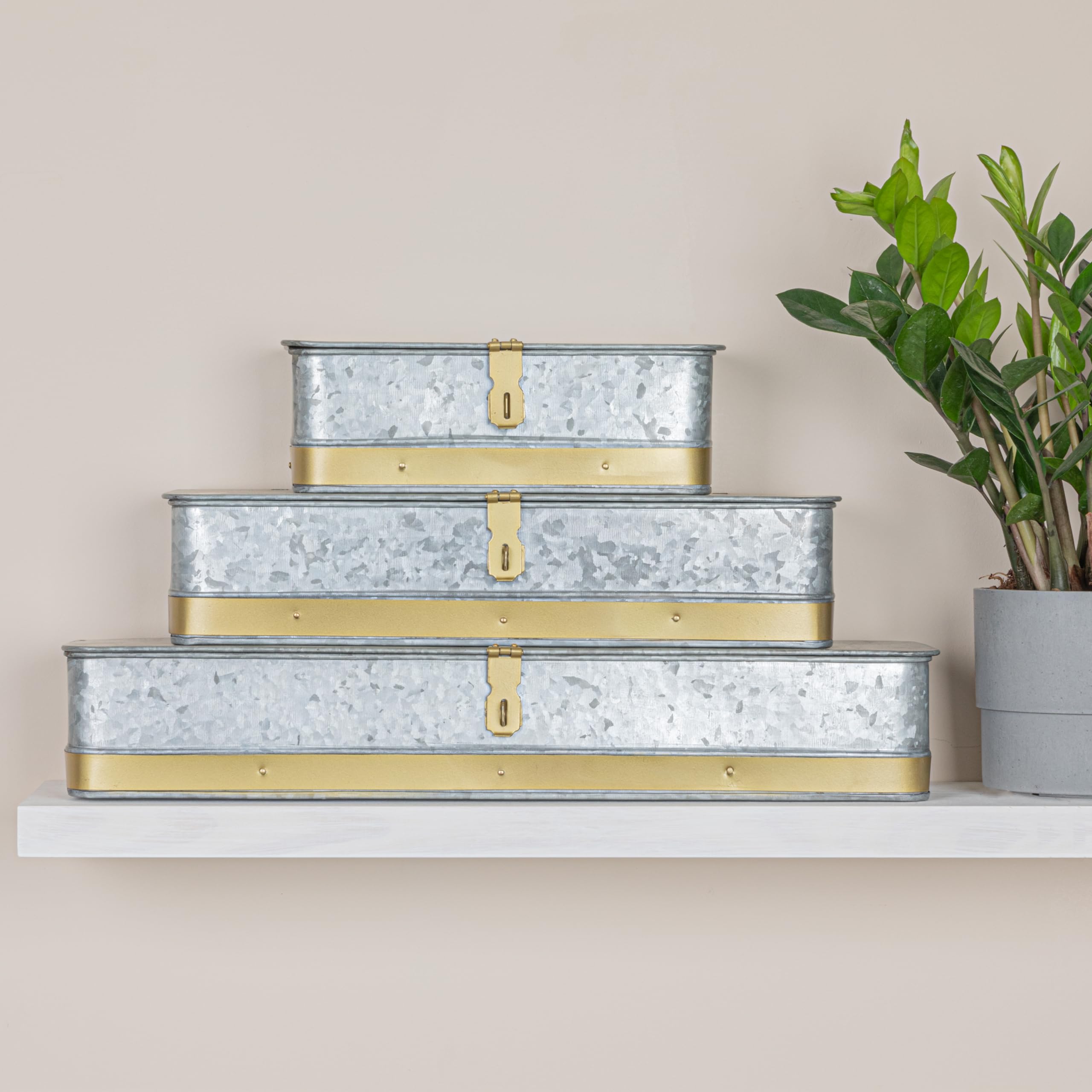 Creative Co-Op Nestable Rectangular Metal Storage Boxes with Hasp Lock, Silver, Set of 3