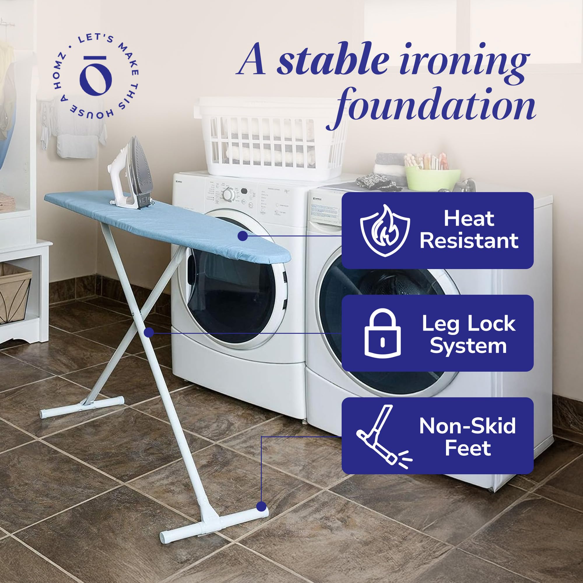 Homz T-Leg Clothes Ironing Board, Compact Foldable Standard Size Adjustable Height With Foam Pad & Cotton Cover, Light Blue