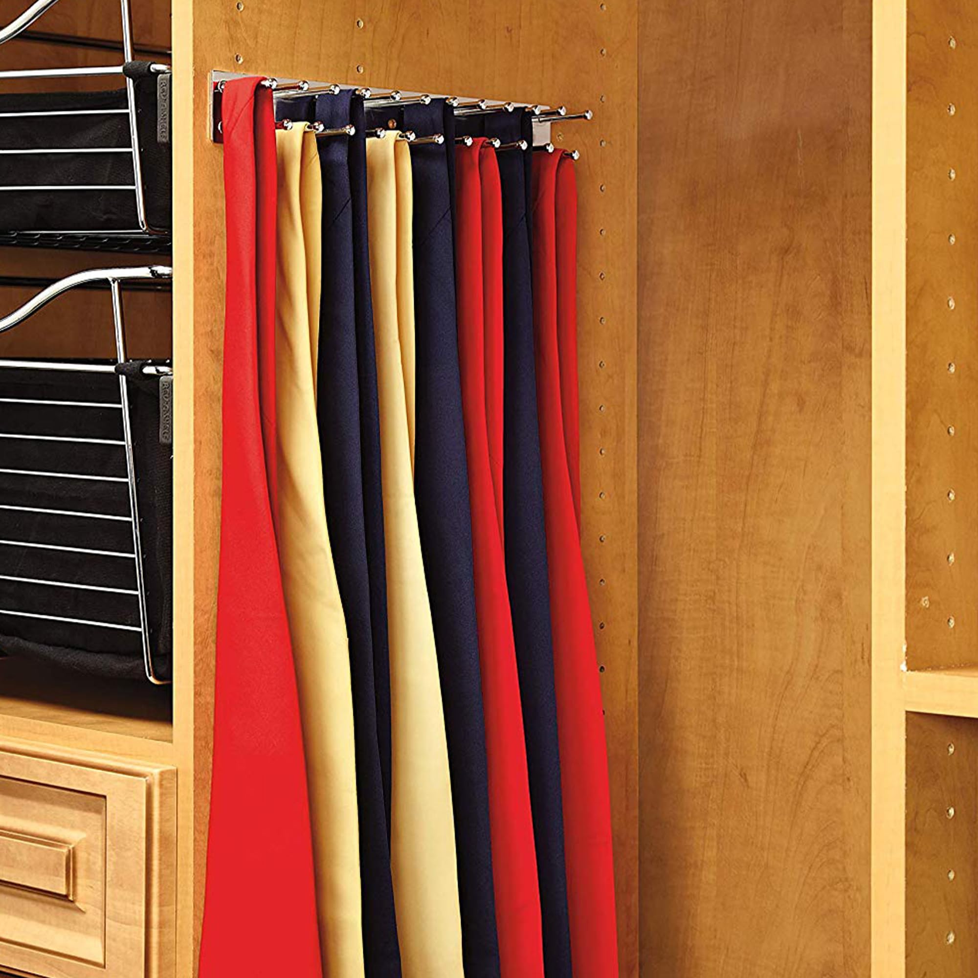 Rev-A-Shelf Pull Out 12'' Side Mount Extending Closet Tie & Belt Organization Storage Rack Holder for Up to 23 Ties  Chrome  TRC-12CR