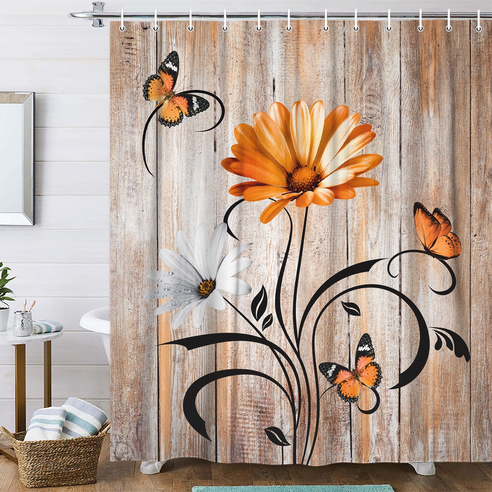 Rustic Farmhouse Floral Fall Shower Curtain, Farm Boho Orange Daisy Flowers And Butterfly On Country Wooden Shower Curtain For B