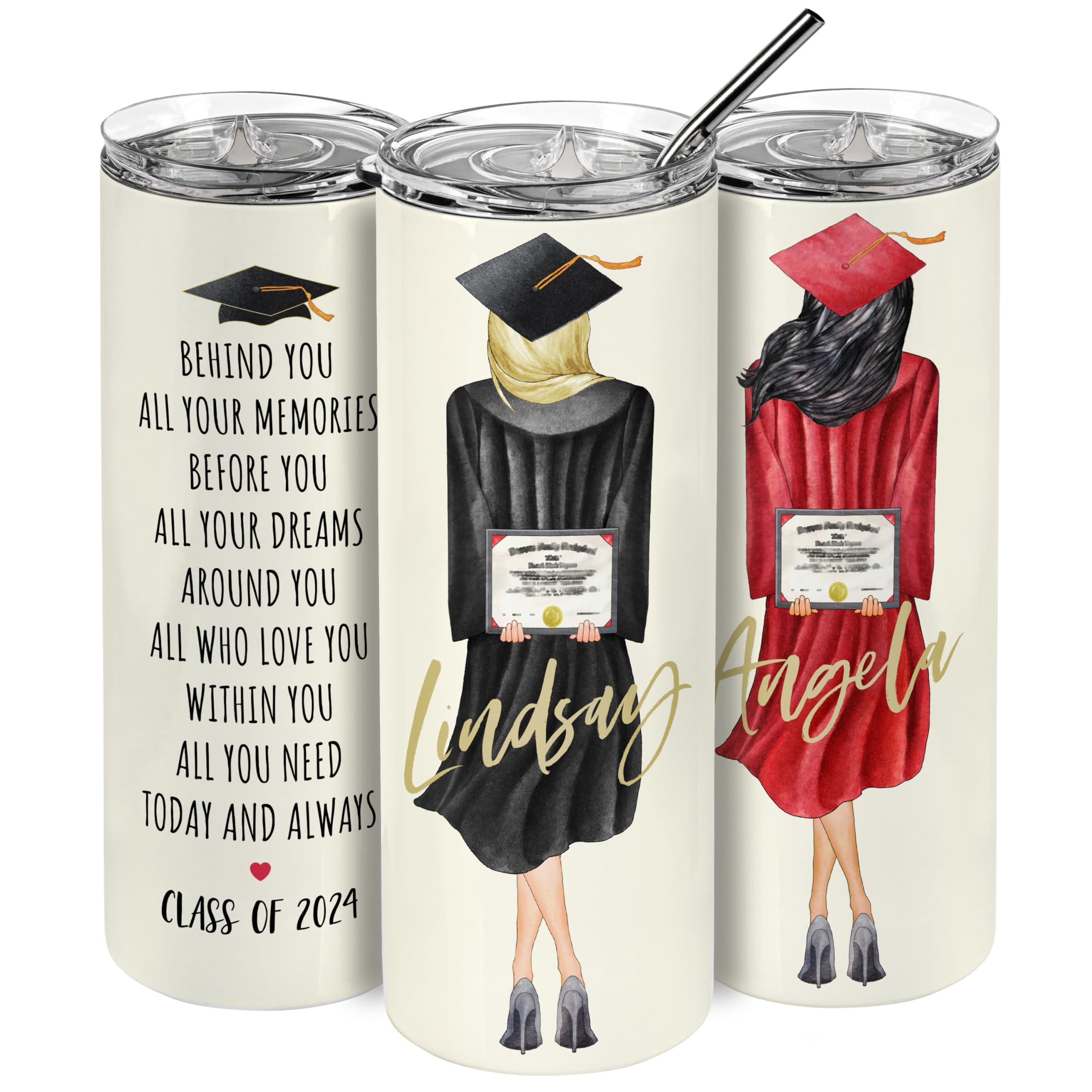 Personalized Skinny Tumbler for Women, 20 Oz. Choose Your Hair Styles, Hood and Skin Color - Custom Graduation Cup w/Name & Text
