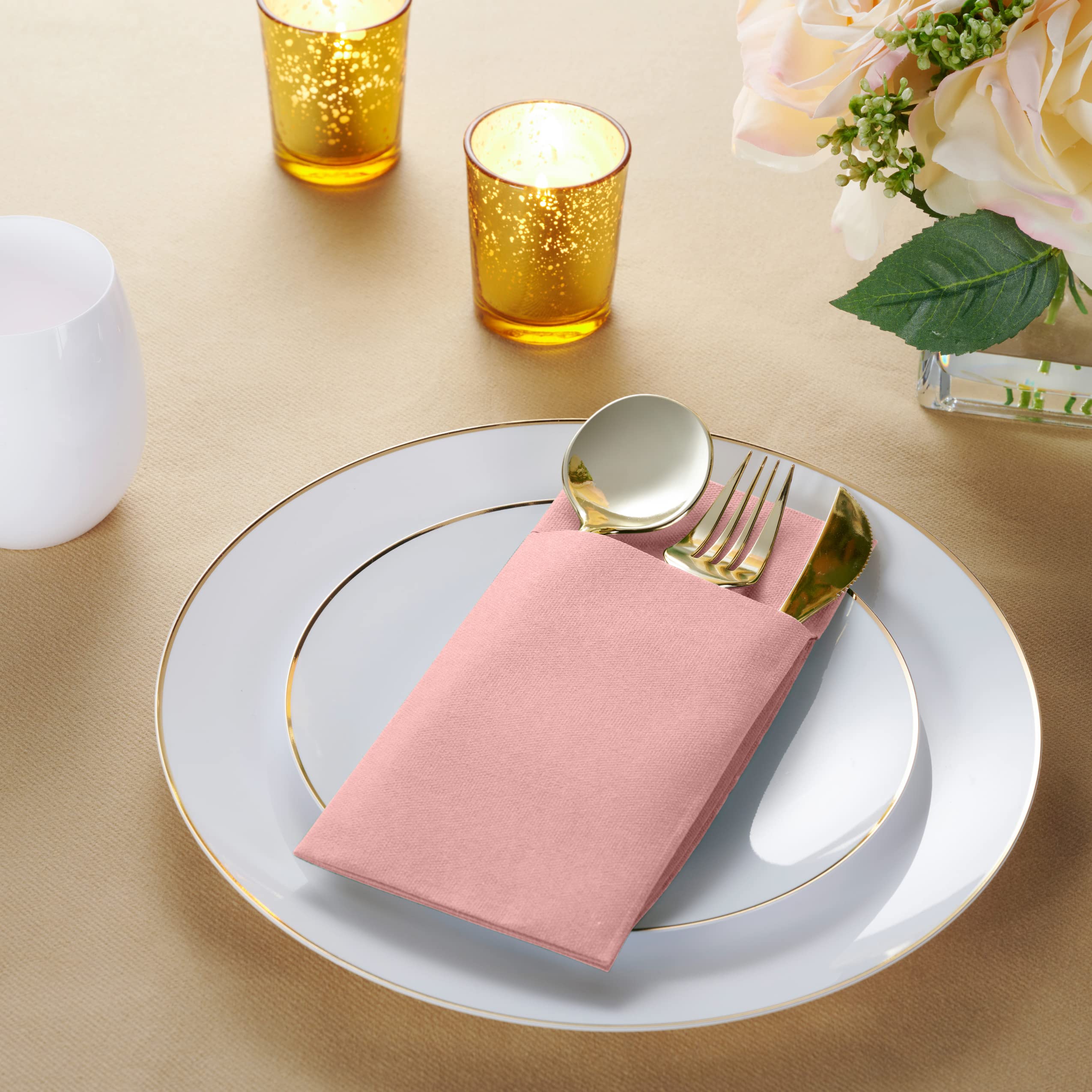 Disposable Linen-Feel Dinner Napkins with Built-in Flatware Pocket  50-Pack PINK Prefolded Cloth Like Paper Napkins For Dinner  Wedding Or Party [Silverware NOT Included]