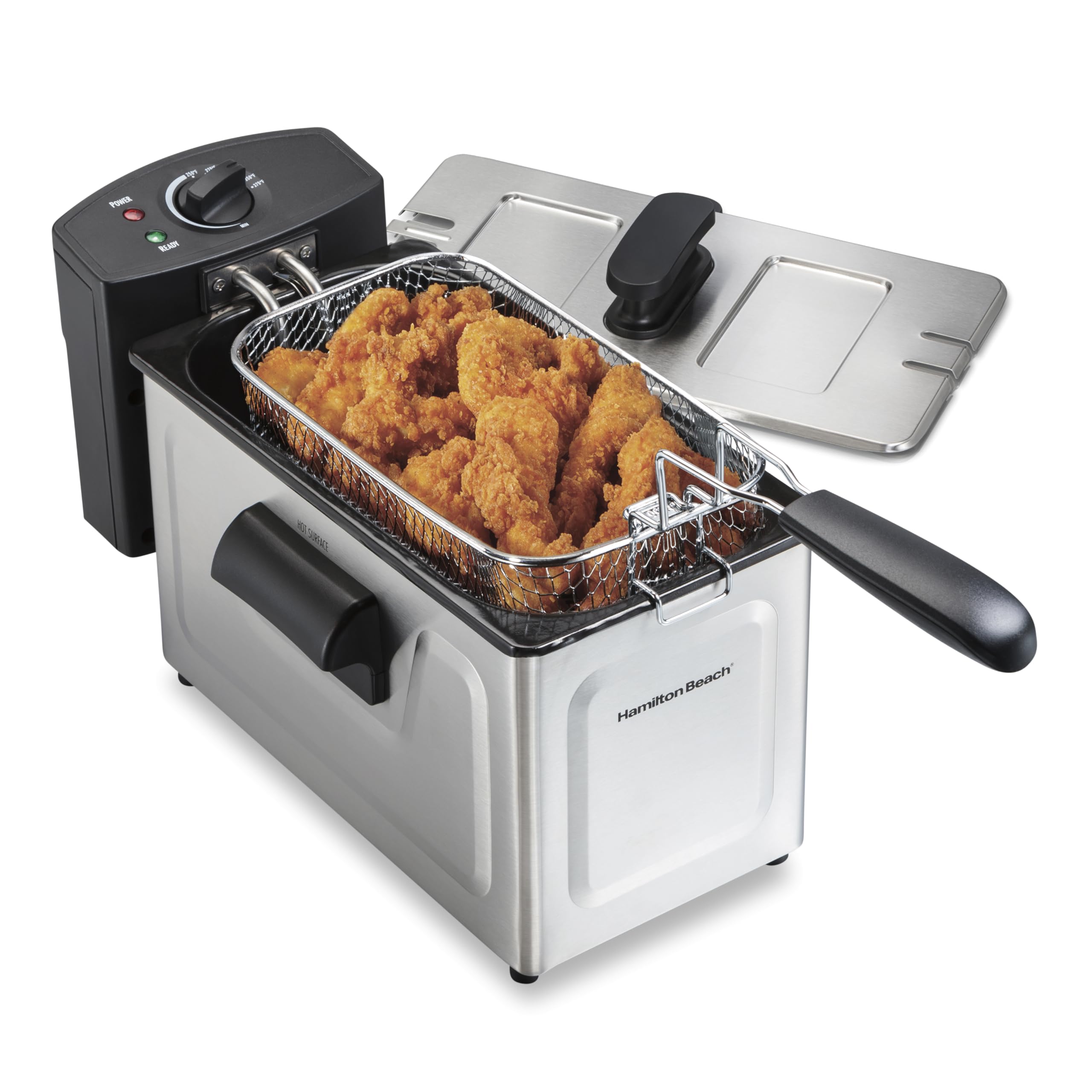 Hamilton Beach 35032 Professional Style Electric Deep Fryer, Frying Basket With Hooks, 1500 Watts, 3 Liters, Stainless Steel