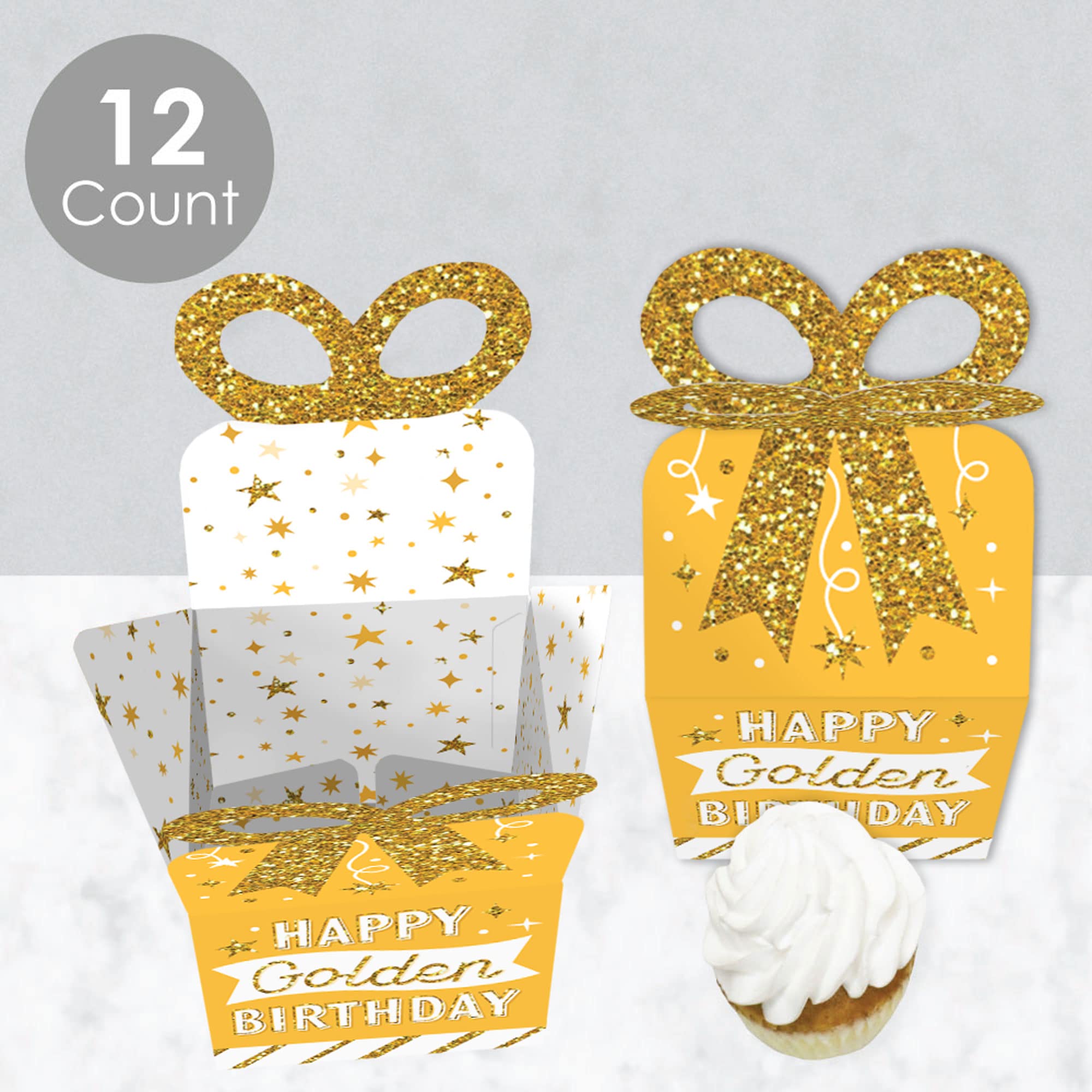 Big Dot Of Happiness Golden Birthday - Square Favor Gift Boxes - Happy Birthday Party Bow Boxes - Set Of 12