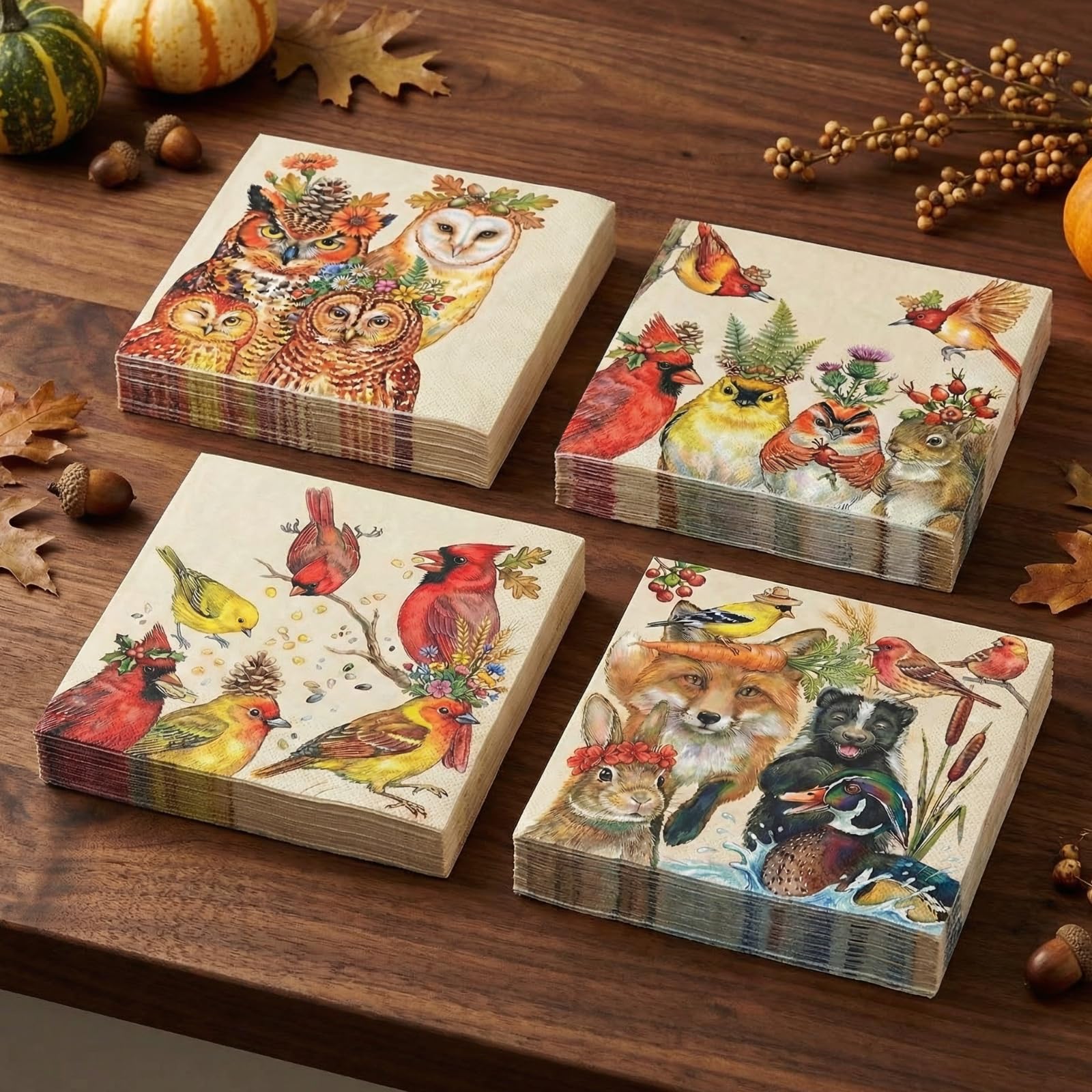 Khen Woodland Napkins, 100 Pack 4 Designs, 5" x 5" Folded Beige Square Disposable