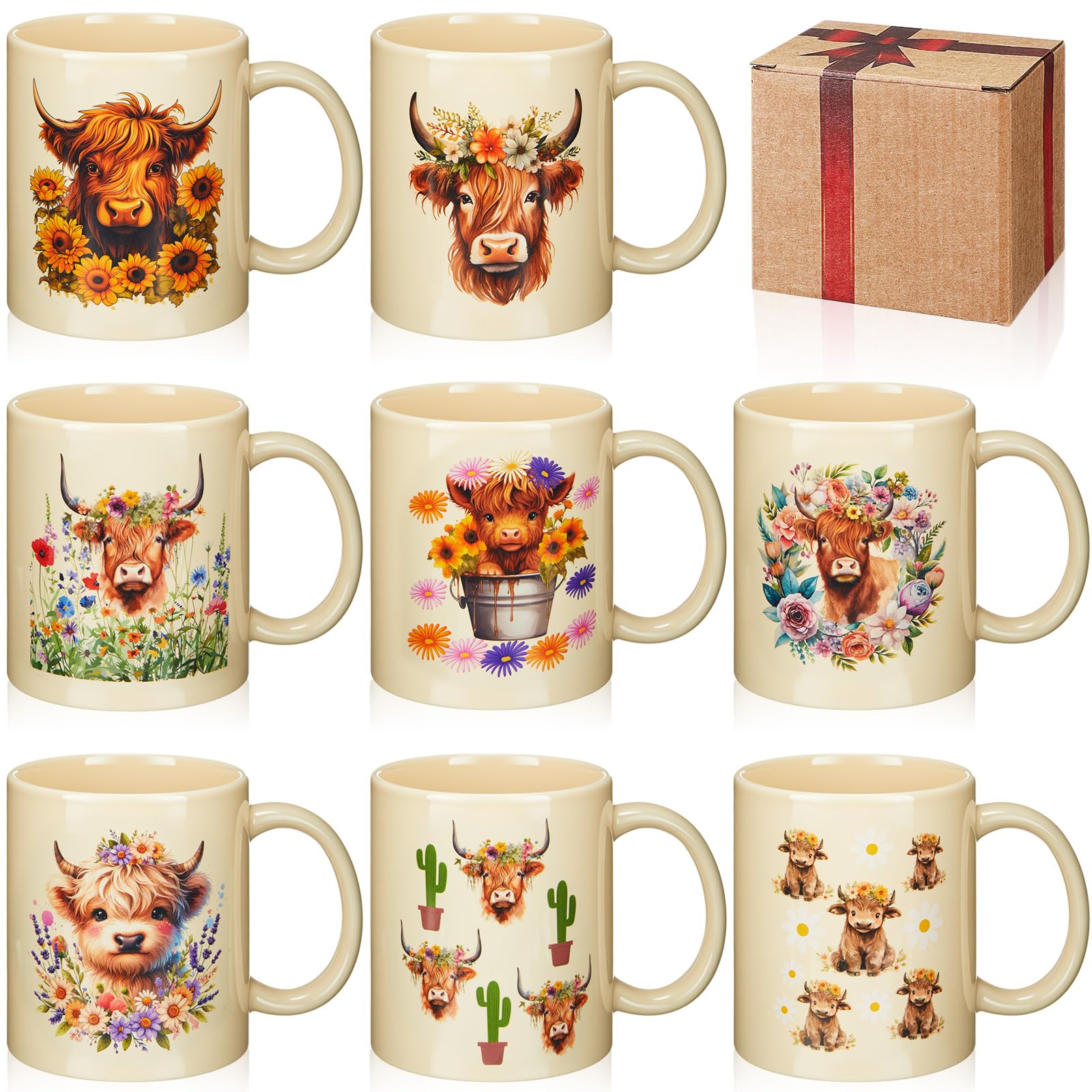 Maxdot 8 Pcs Highland Cow Ceramic Coffee Mugs Set 12 oz with Handle