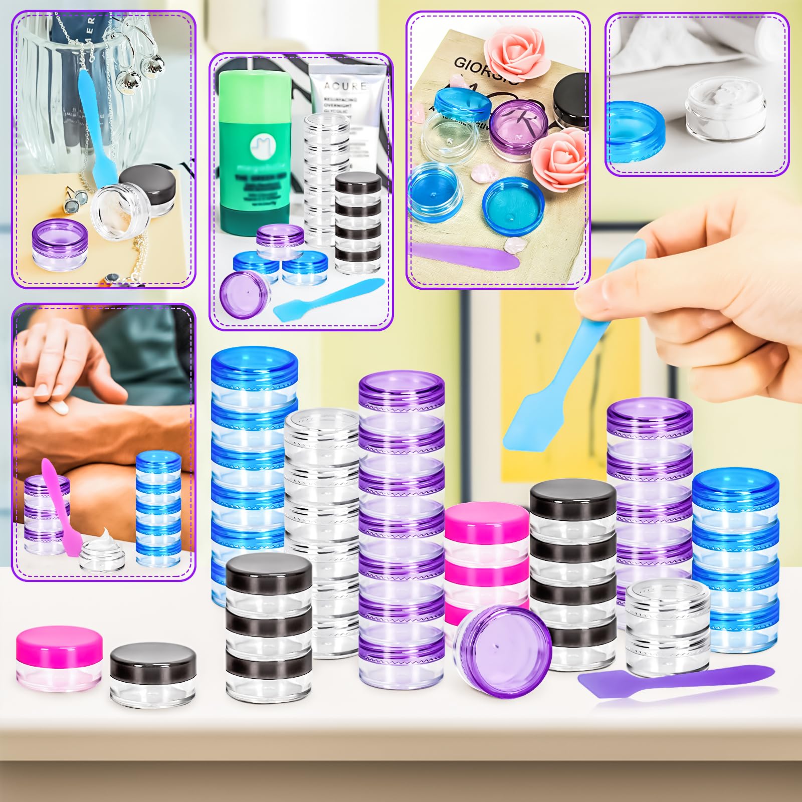 Motbach 100 Pcs 5G Empty Plastic Containers With Colored Lids,Mini Makeup Sample Containers, Small Sample Pot Jars Round Cosmeti