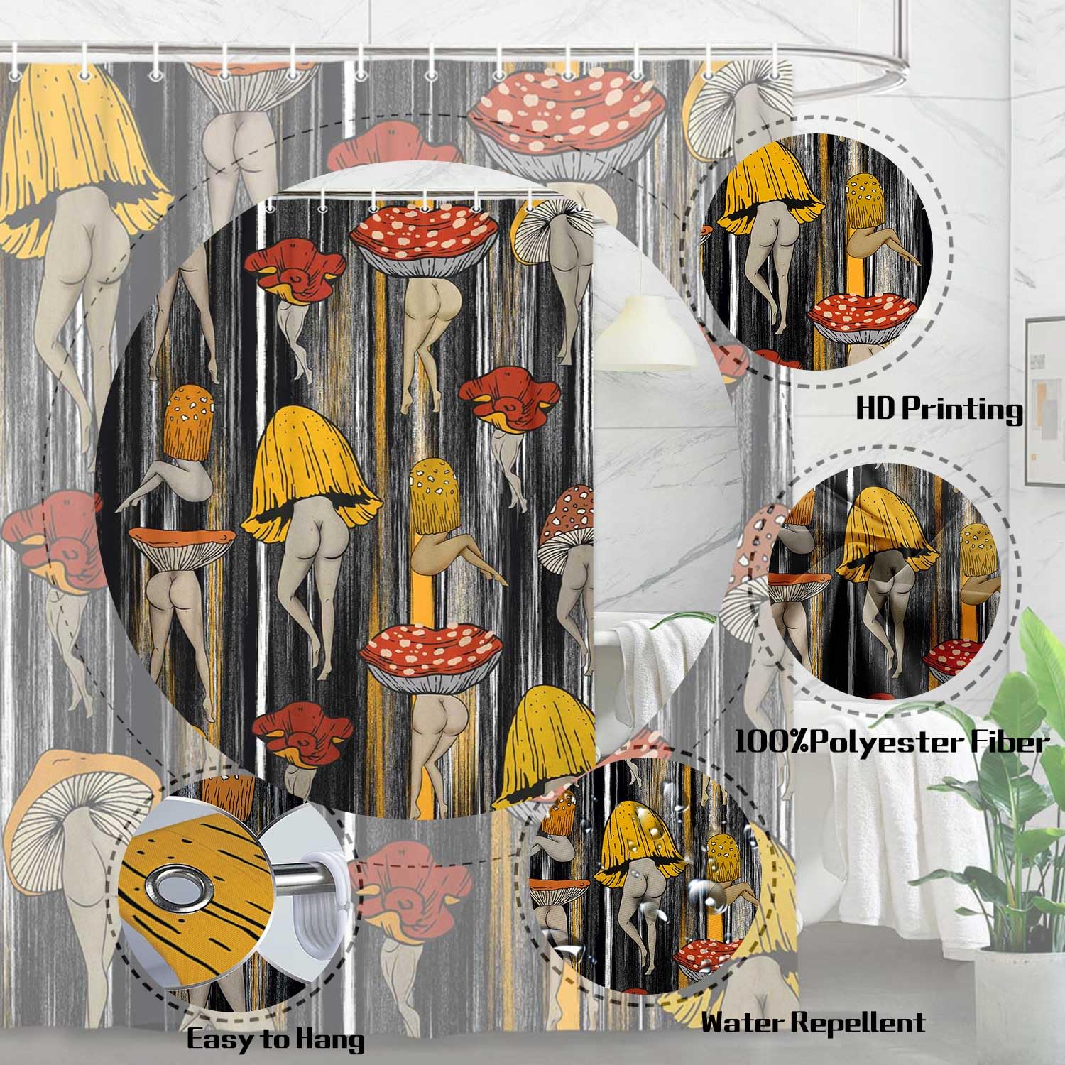 Lacoiime Funny Mushroom Shower Curtain, Cool Black Gold Gray Mushrooms Butt Shower Curtains For Bathroom Cute Fabric 70S Hippie
