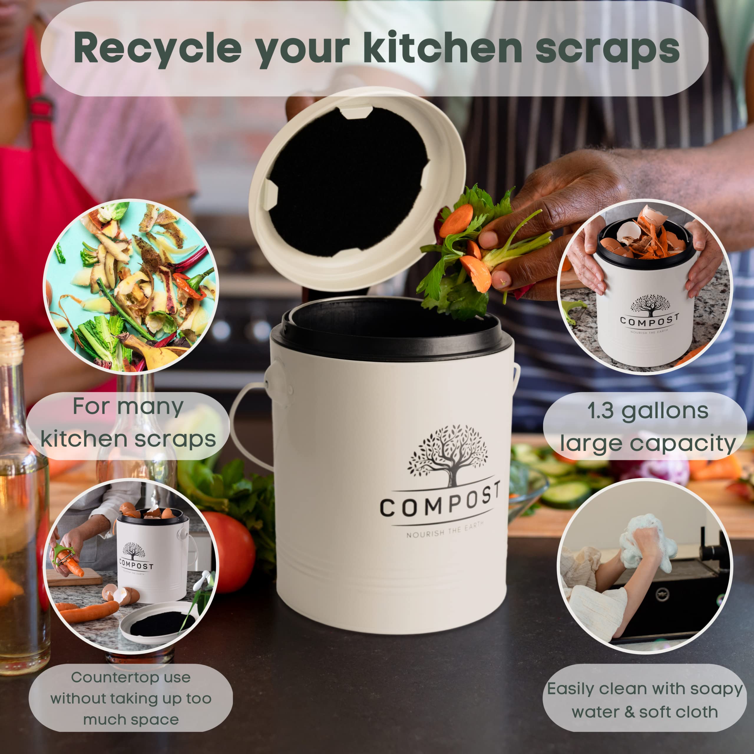 Perfnique Kitchen Compost Bin, 1.3 Gallon Countertop Compost Bin With Lid, Indoor Compost Bucket Includes Inner Bucket Liner And