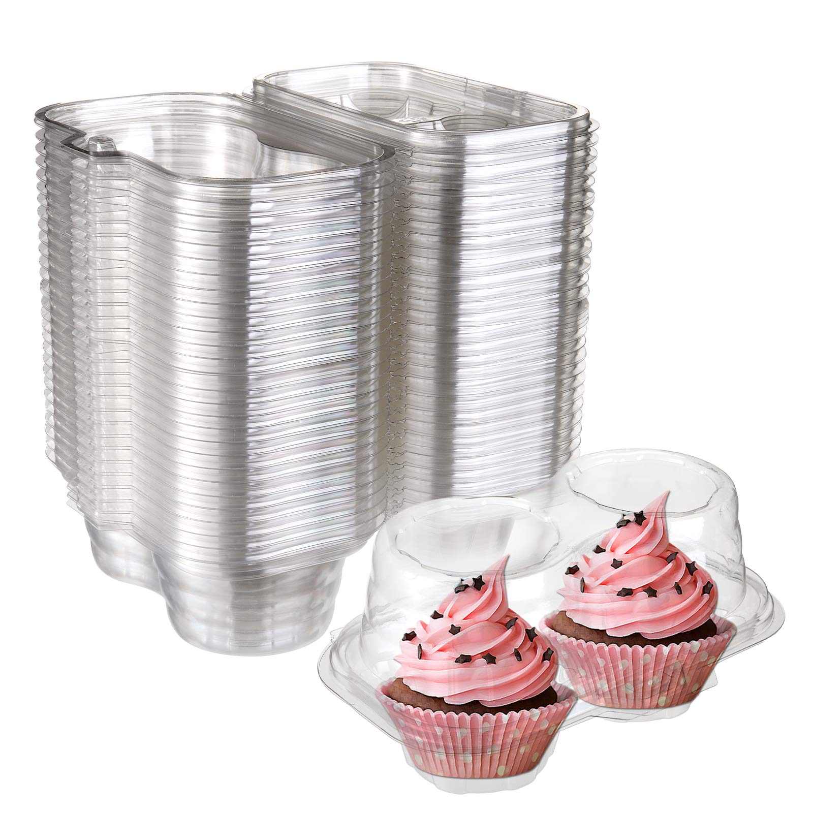 Bekith 60 Count 2-Compartment Plastic Cupcake Containers Disposable With Connected Airtight Lid, Clear Stackable Deep Dome Cupca