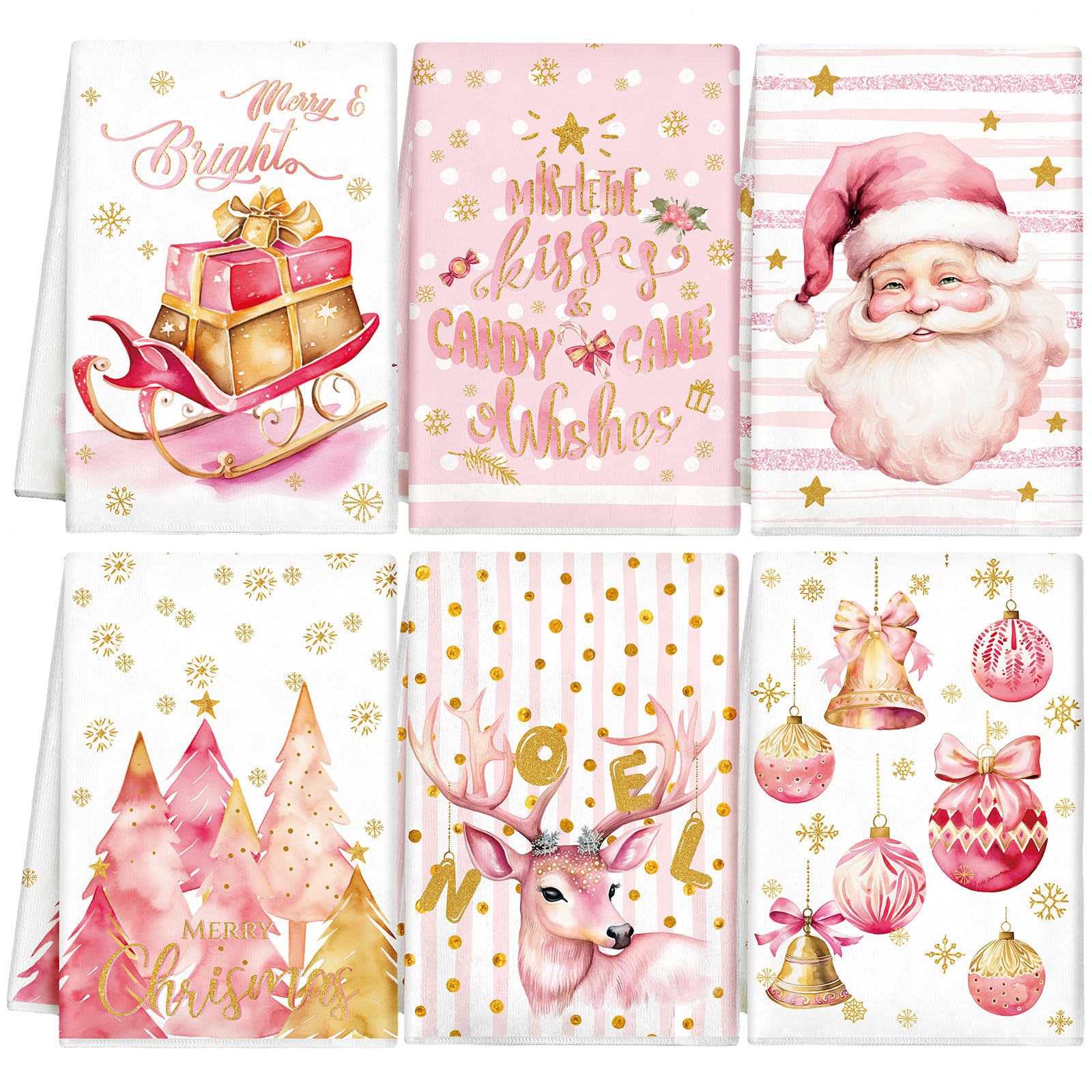 Hosuly 6 Pcs Christmas Kitchen Towels Pink White Gold Dish Clothes Decorative Christmas Tea Towels Santa Elk Sleigh Rides Noel X