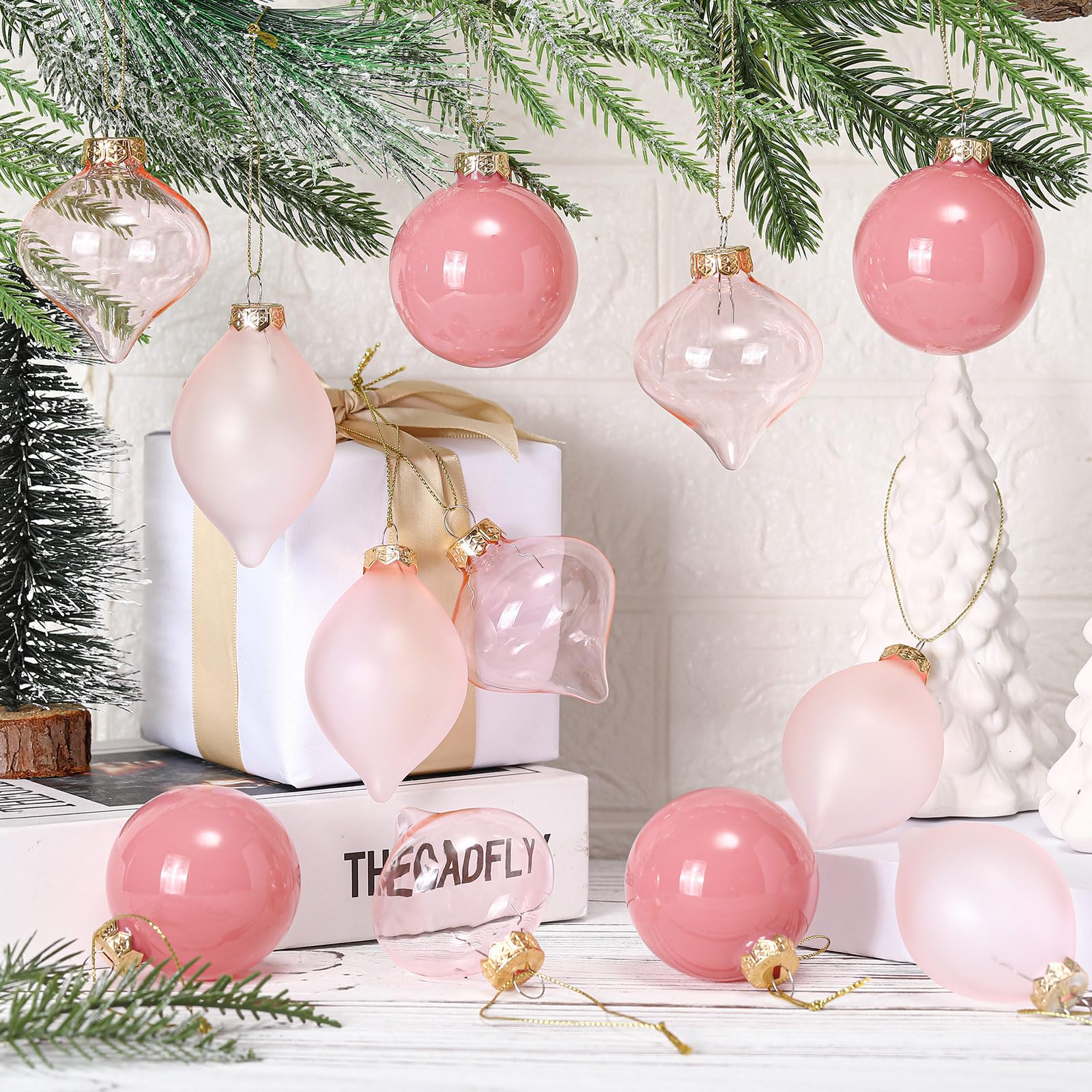 Zomiboo 12 Pcs Vintage Pink Glass Christmas Ball Ornaments Set 3.15 Hanging Shatterproof Glass Bulbs for Christmas Tree Baubles