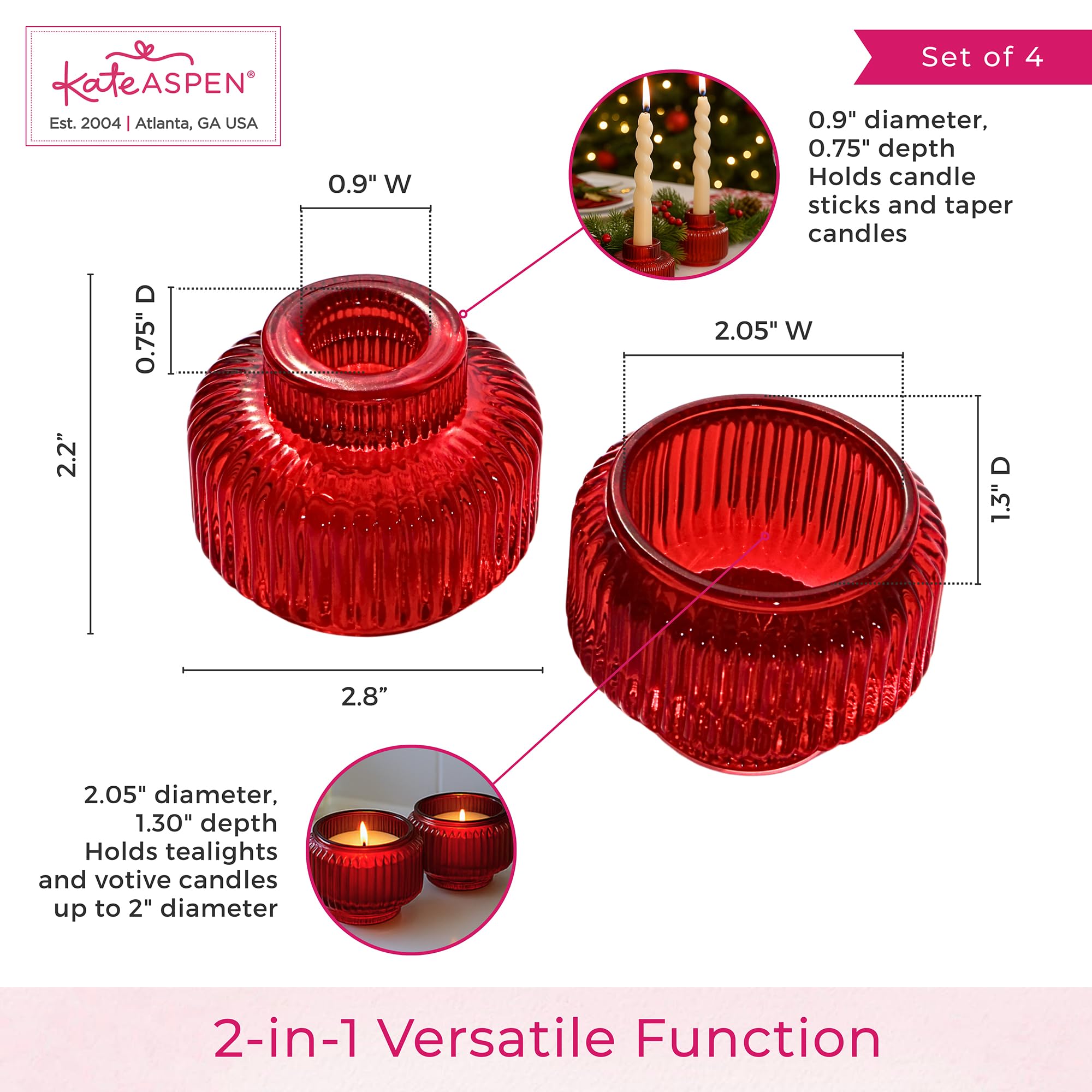 Kate Aspen Red Ribbed Taper Candle Holders for Candlesticks Set of 4, Candlestick Holders, Votive Candle Holder Decor, Red Kitch