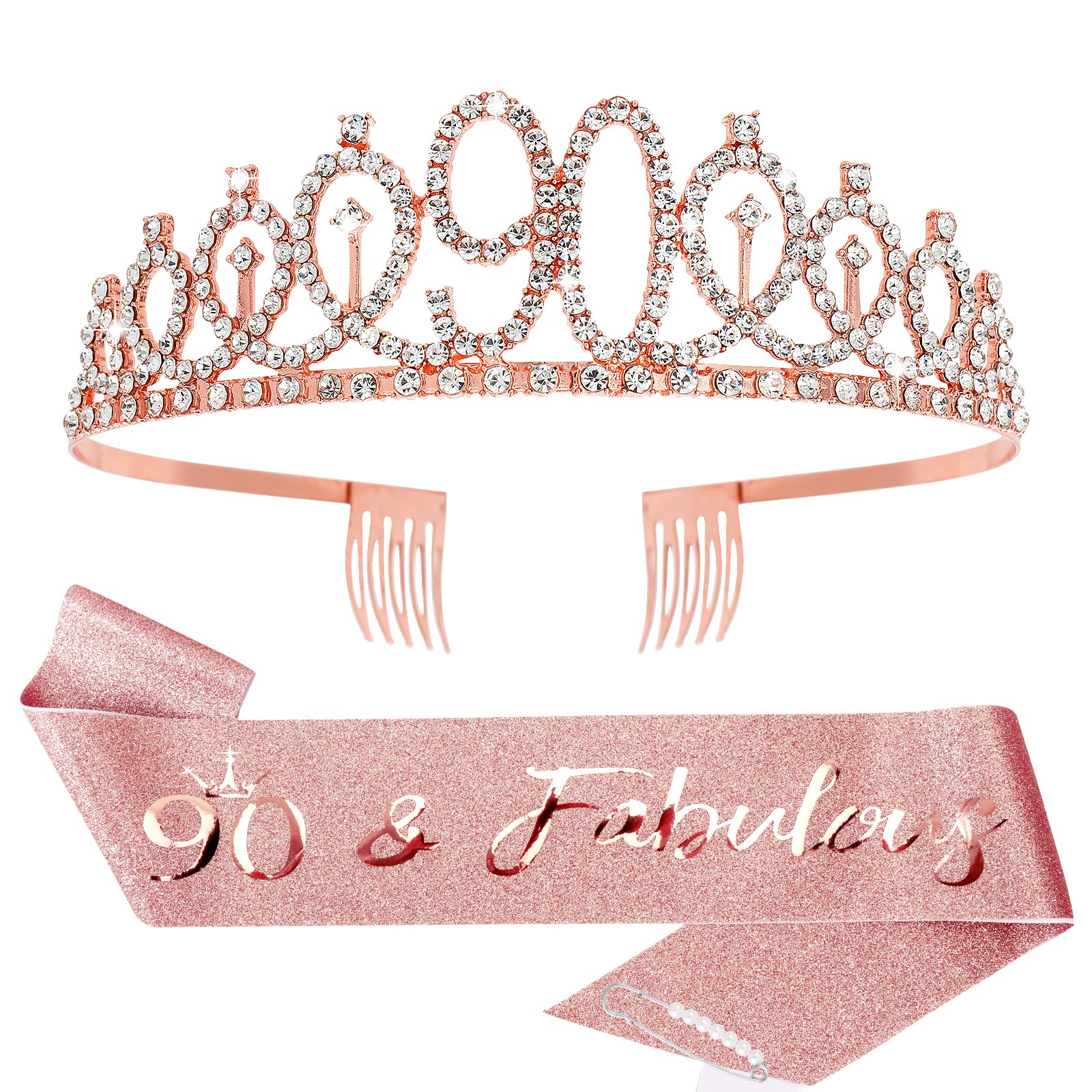 Cieher 90Th Birthday Crown, Sash & Pearl Pin Set - Elegant Decorations & Gifts For Her 90Th Fabulous Birthday