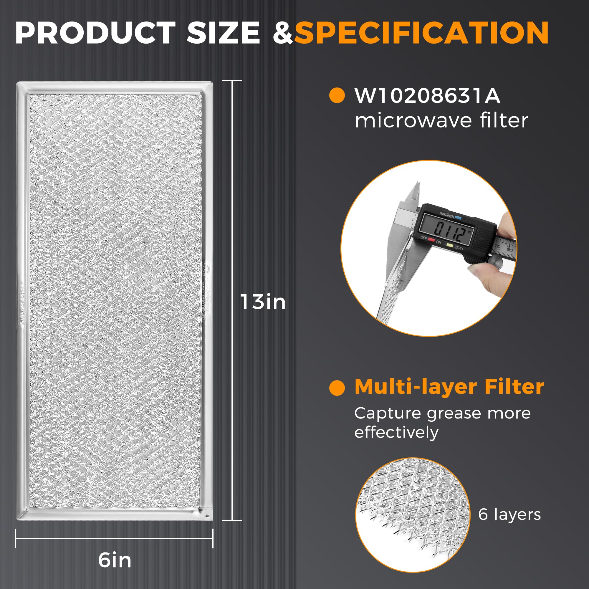 13 X 6'' Microwave Grease Filter By Fetechmate Compatible With Whir-Lpool G-E Microwaves Replace W10208631A Aluminum Mesh Screen