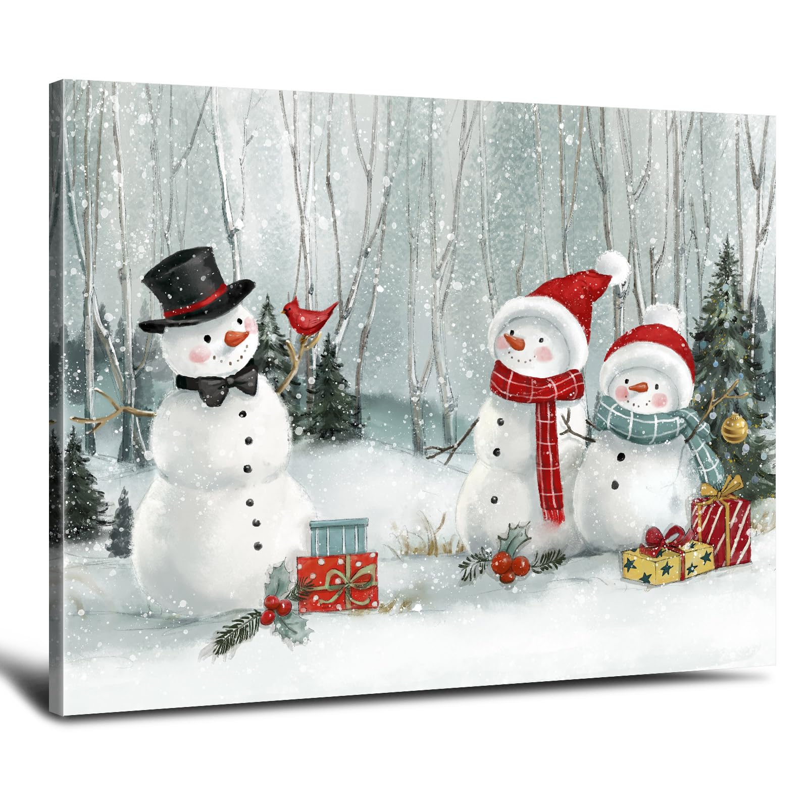 Christmas Snowman Wall Art Decor: Christmas Paintings Canvas Wall Art Prints Winter Scene Cardinal Bird Snowman Picture Wall Han