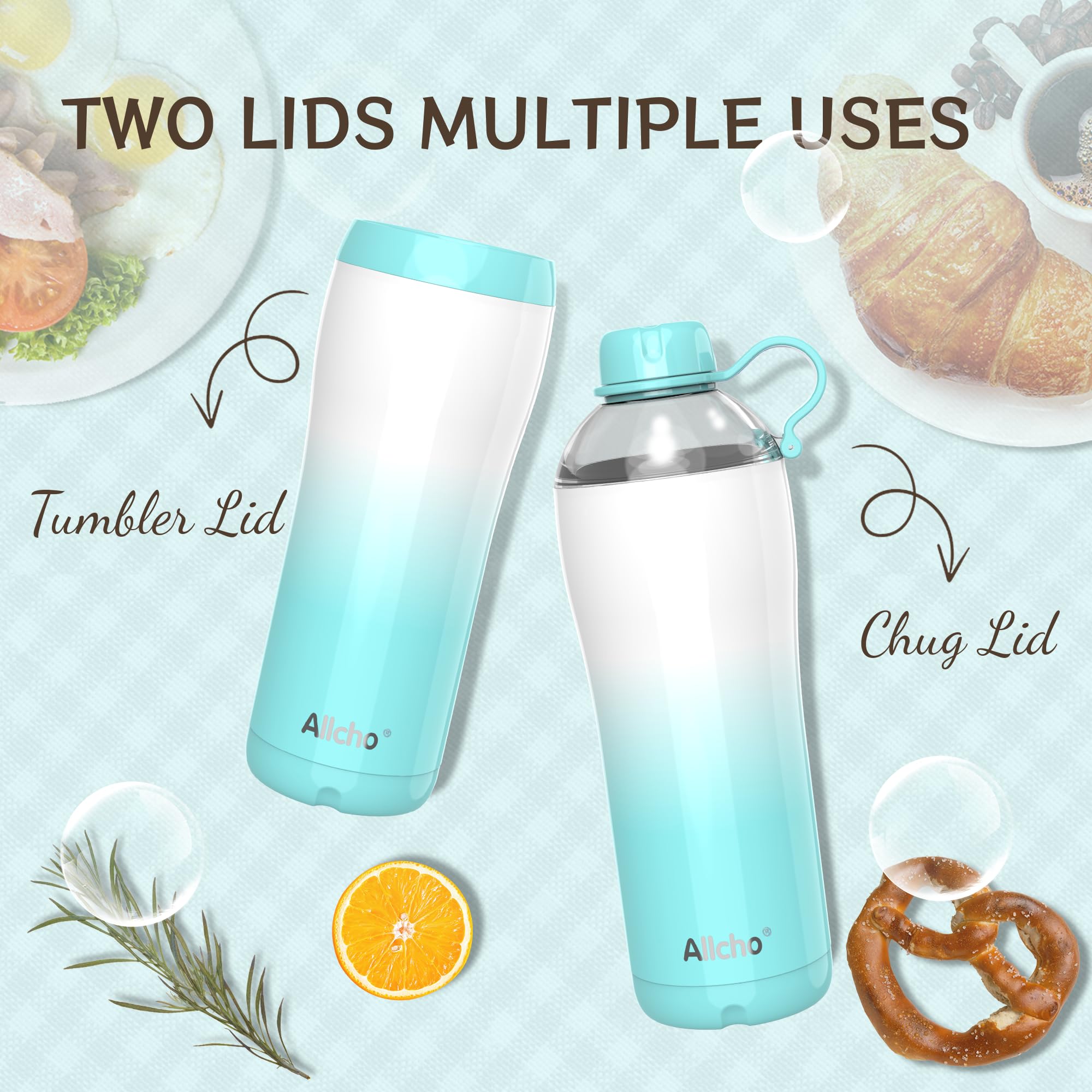 Allcho Insulated Water Bottle for Women, 24 oz Stainless Steel Water Bottles, Double Walled, 2 Lids (Chug & Tumbler) - Hydrate &