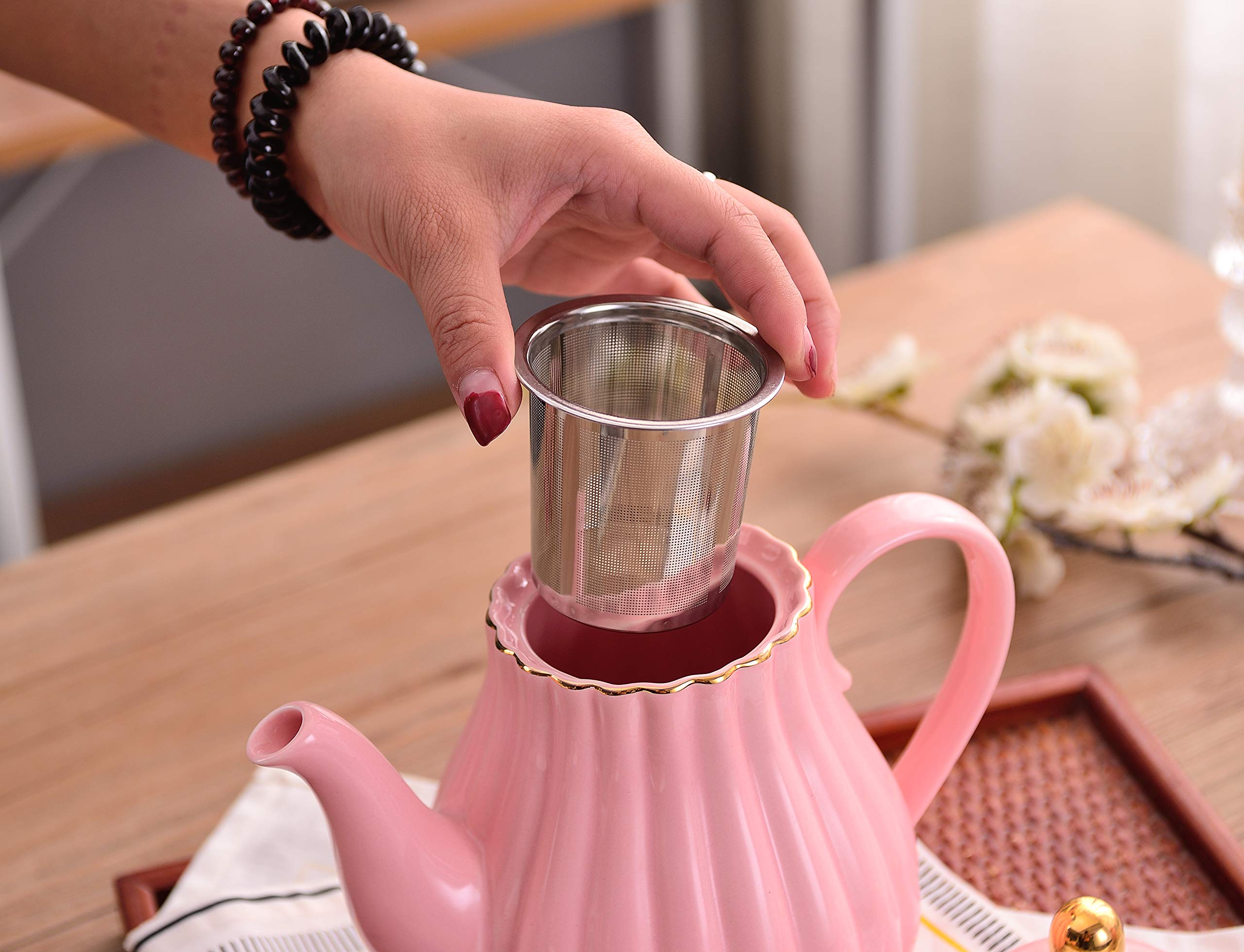 Jusalpha Fine China Pink Coffee Cup/Teacup Set, 8 OZ Cups& Saucer Service for 4, with Teapot-Sugar Bowl-Cream Pitcher Teaspoons