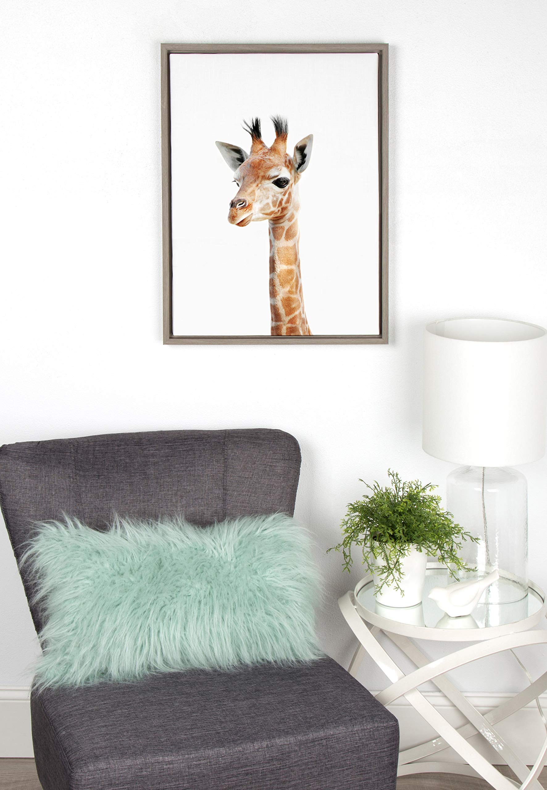Kate And Laurel Sylvie Baby Giraffe Animal Print Portrait Framed Canvas Wall Art By Amy Peterson, 18X24 Gray