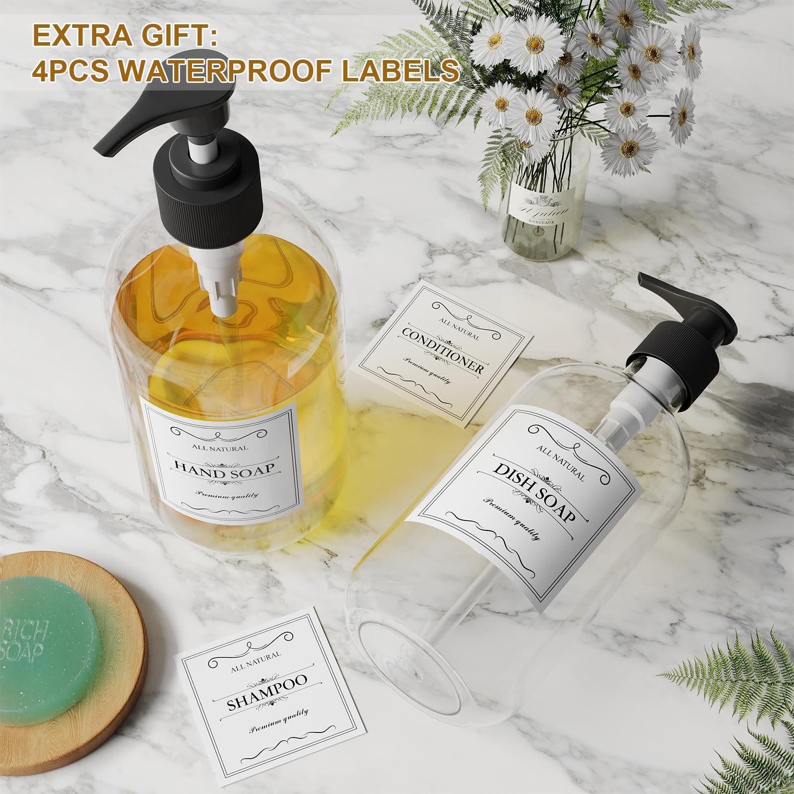 2Pcs Clear Dish Soap Dispenser For Kitchen With Rust Proof Pump (16 Oz), Premium Hand Soap Dispenser For Bathroom, Plastic Liqui