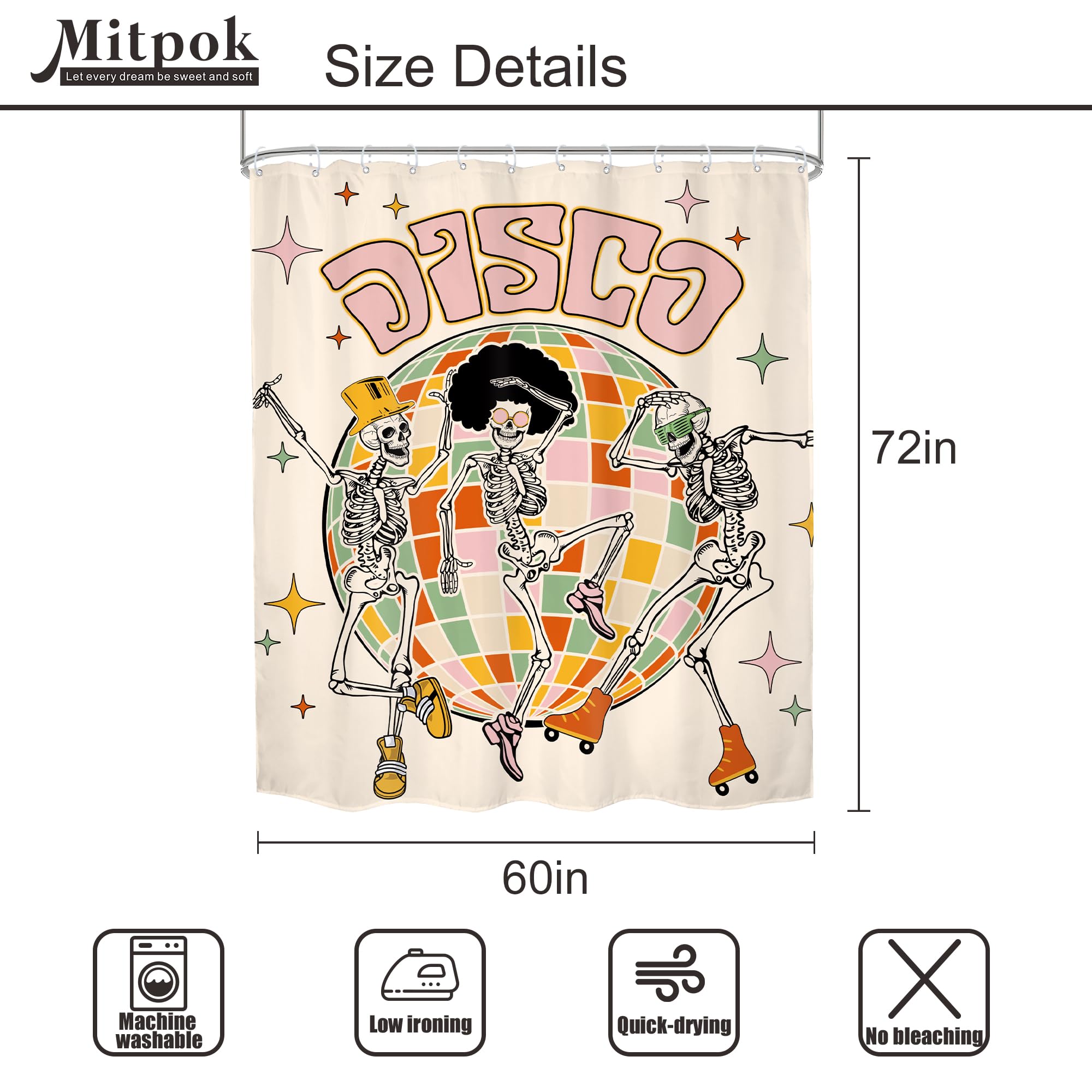 Mitpok Retro Skull Skeleton Shower Curtain, Funny Vintage Groovy Y2K 70S Disco Shower Curtain, Gothic Spooky Cool Unique Modern